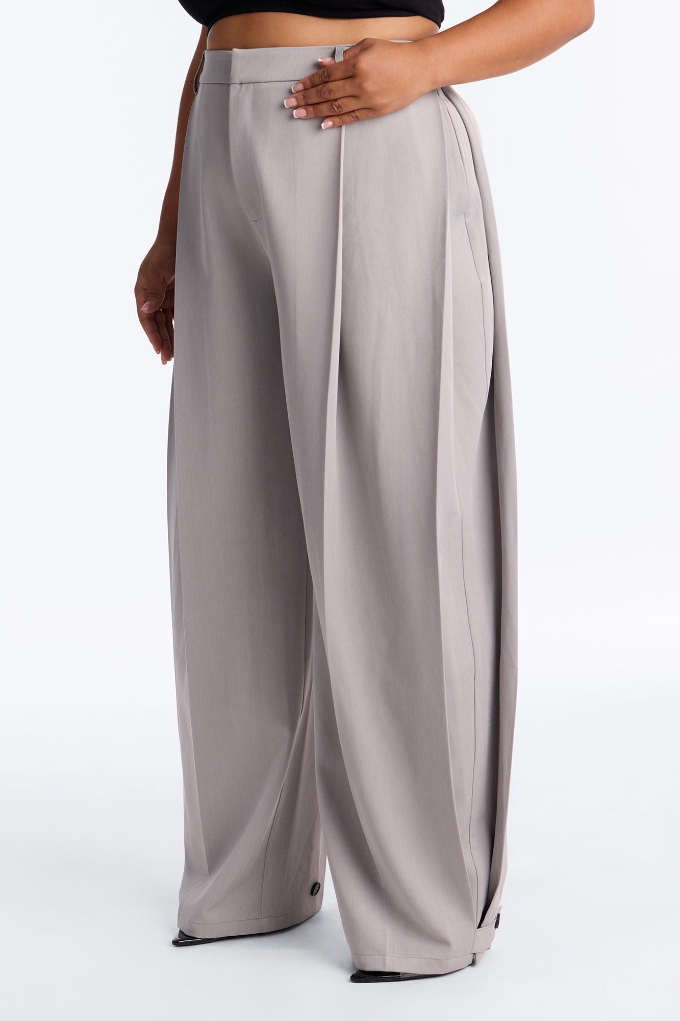 Kate Side Pleated Button Cuff Trouser - Light Grey