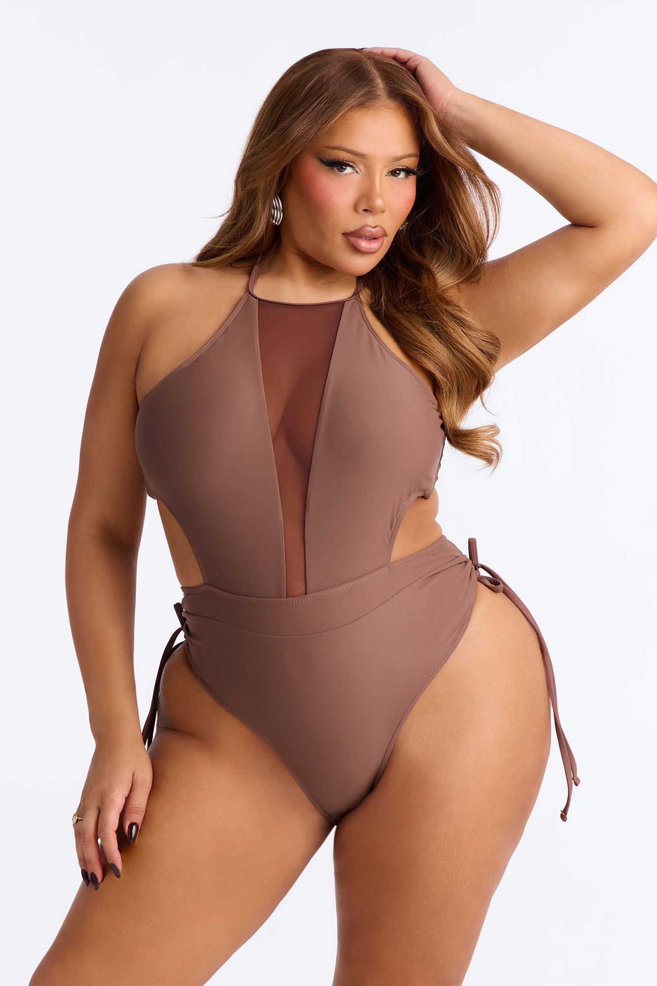 Karly Mesh Cutout 1 Piece Swimsuit - Chocolate