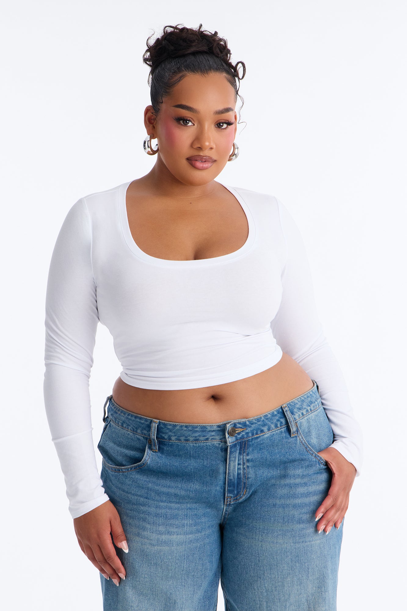 Diana Long Sleeve Scoop Neck Baby Tee - White