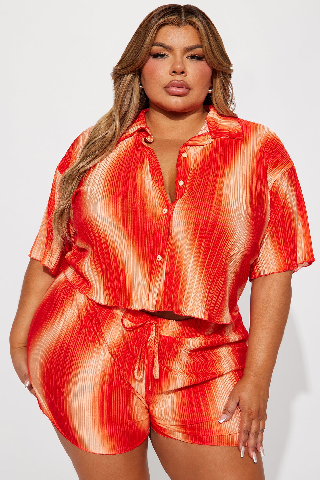 Adella Plisse Short Set - Orange