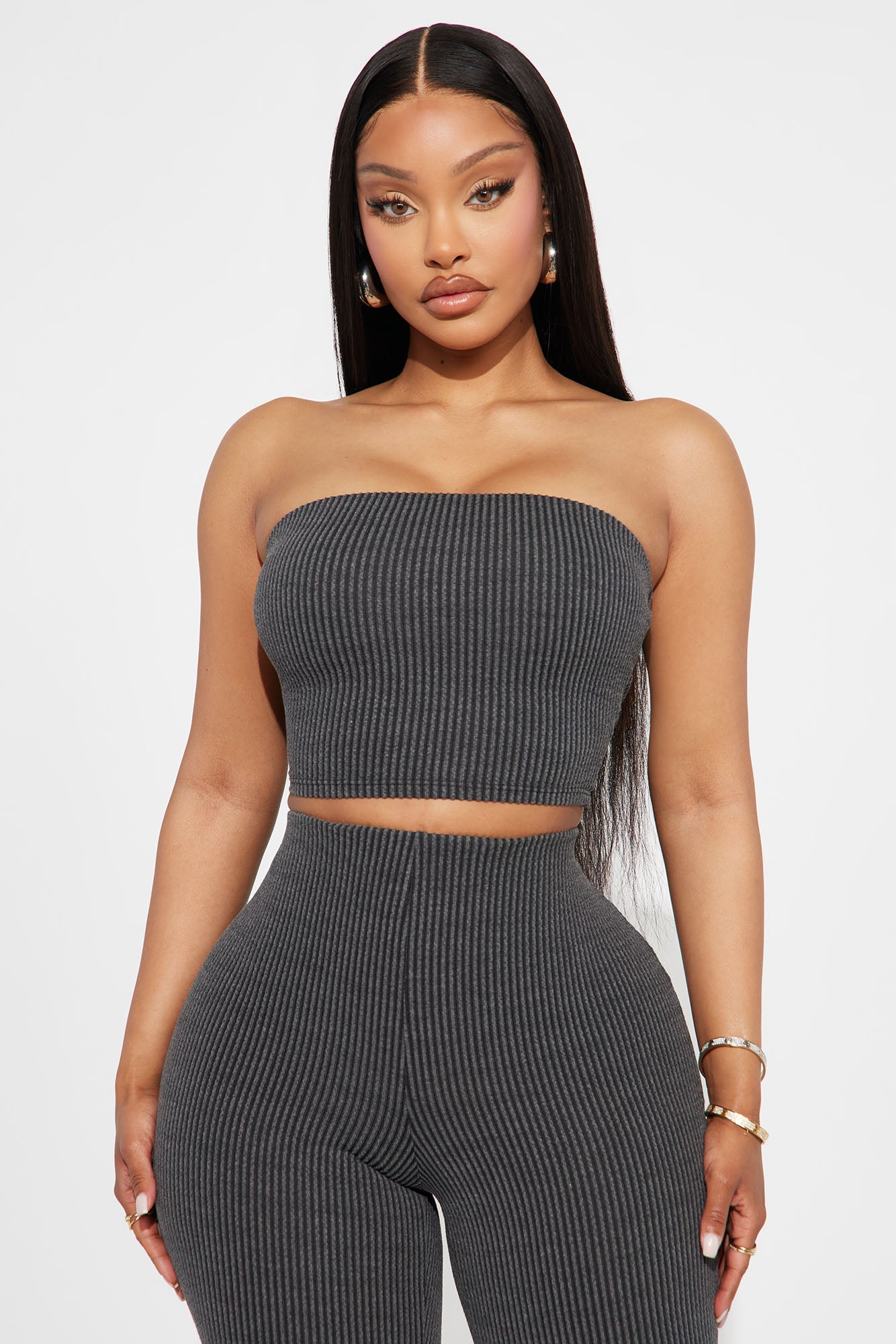 Reya Ribbed Pant Set - Charcoal