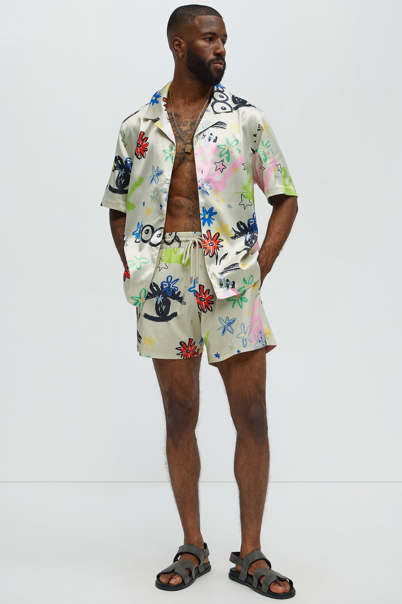 Graffiti Bloom Cuban Collar Button Up Shirt - Multi Color