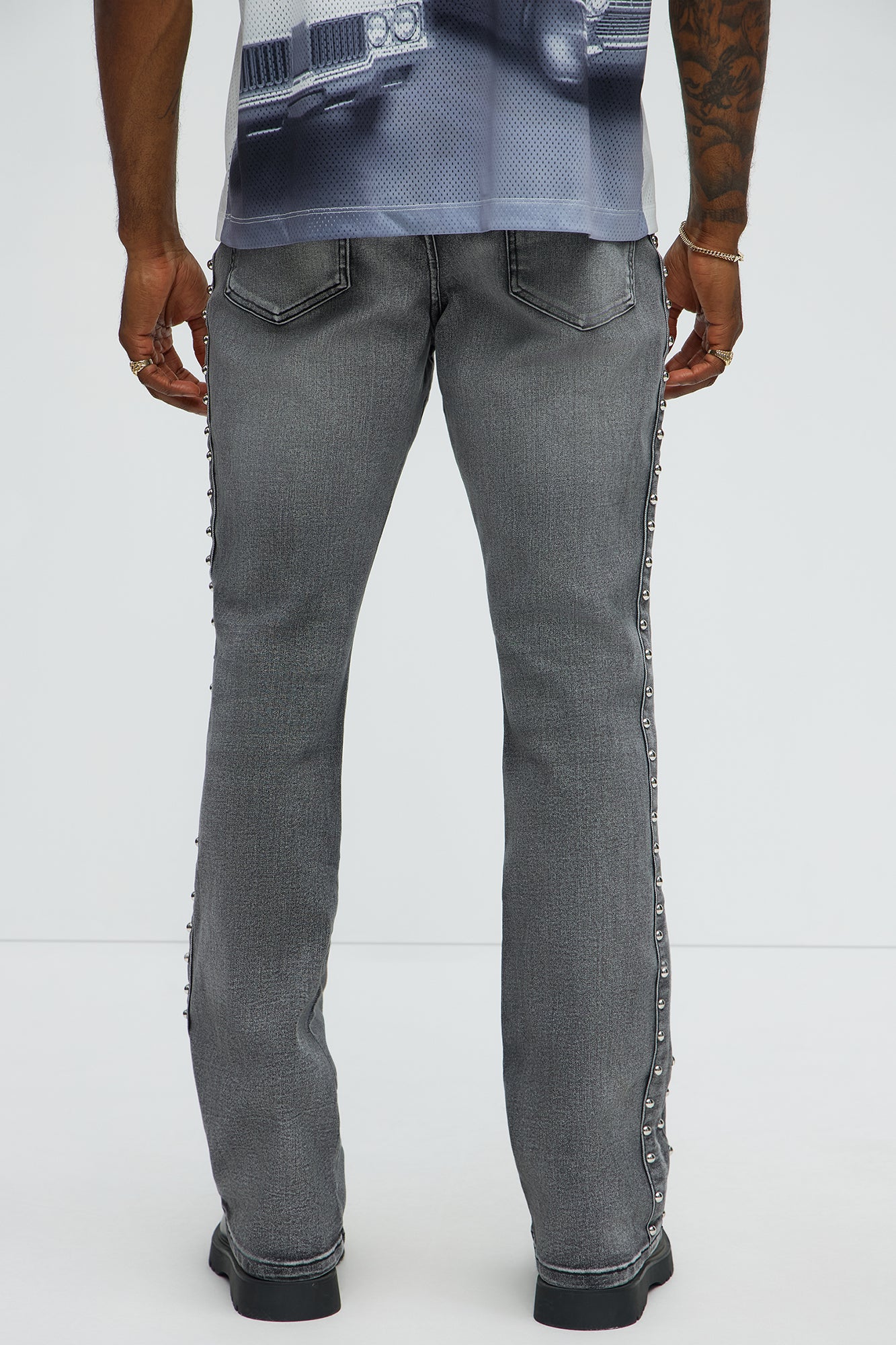 Stacked Slim Flare Stud On The Side Jeans - Black Wash