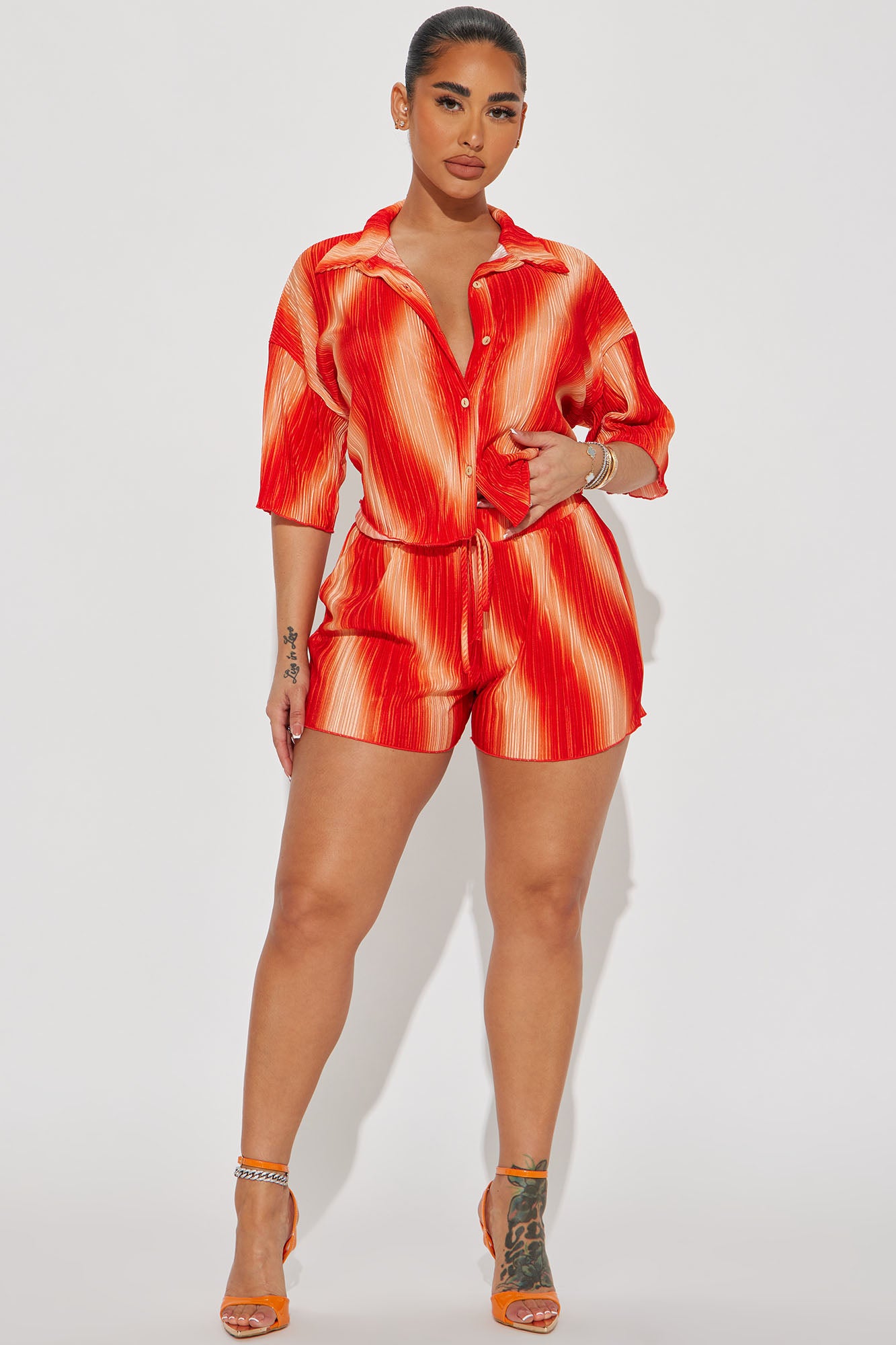 Adella Plisse Short Set - Orange