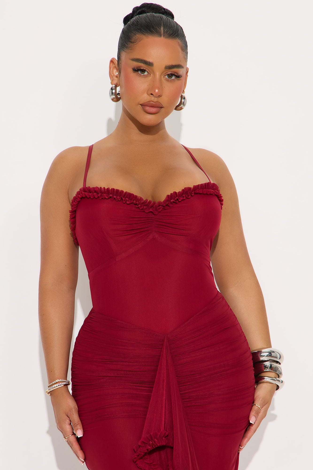 Danika Ruched Mesh Maxi Dress - Wine