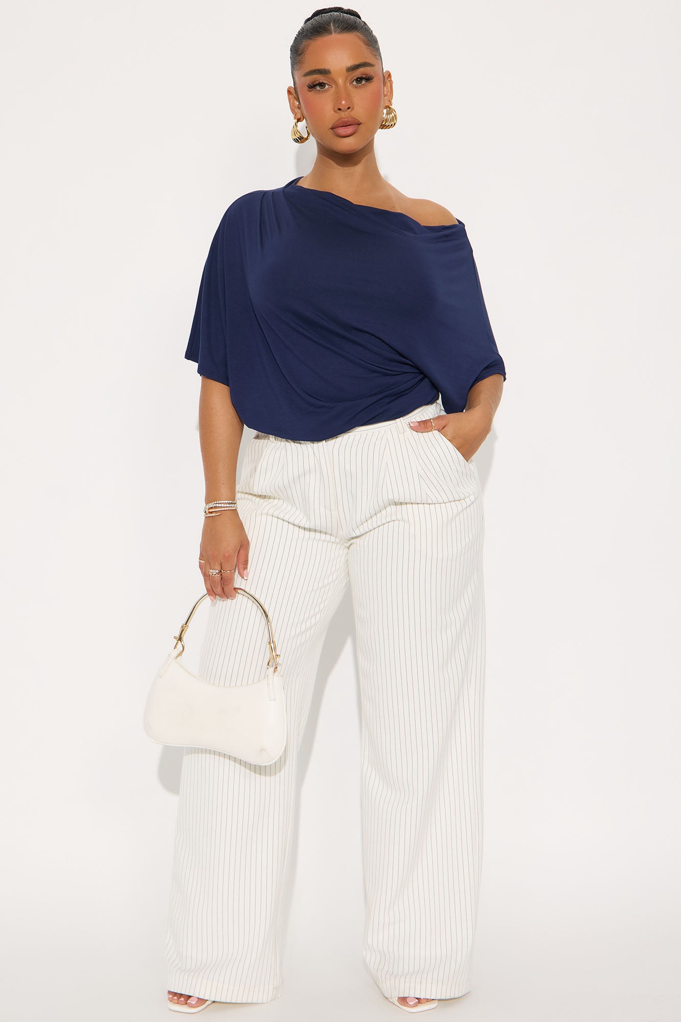 Flatter Me Off Shoulder Bodysuit - Navy