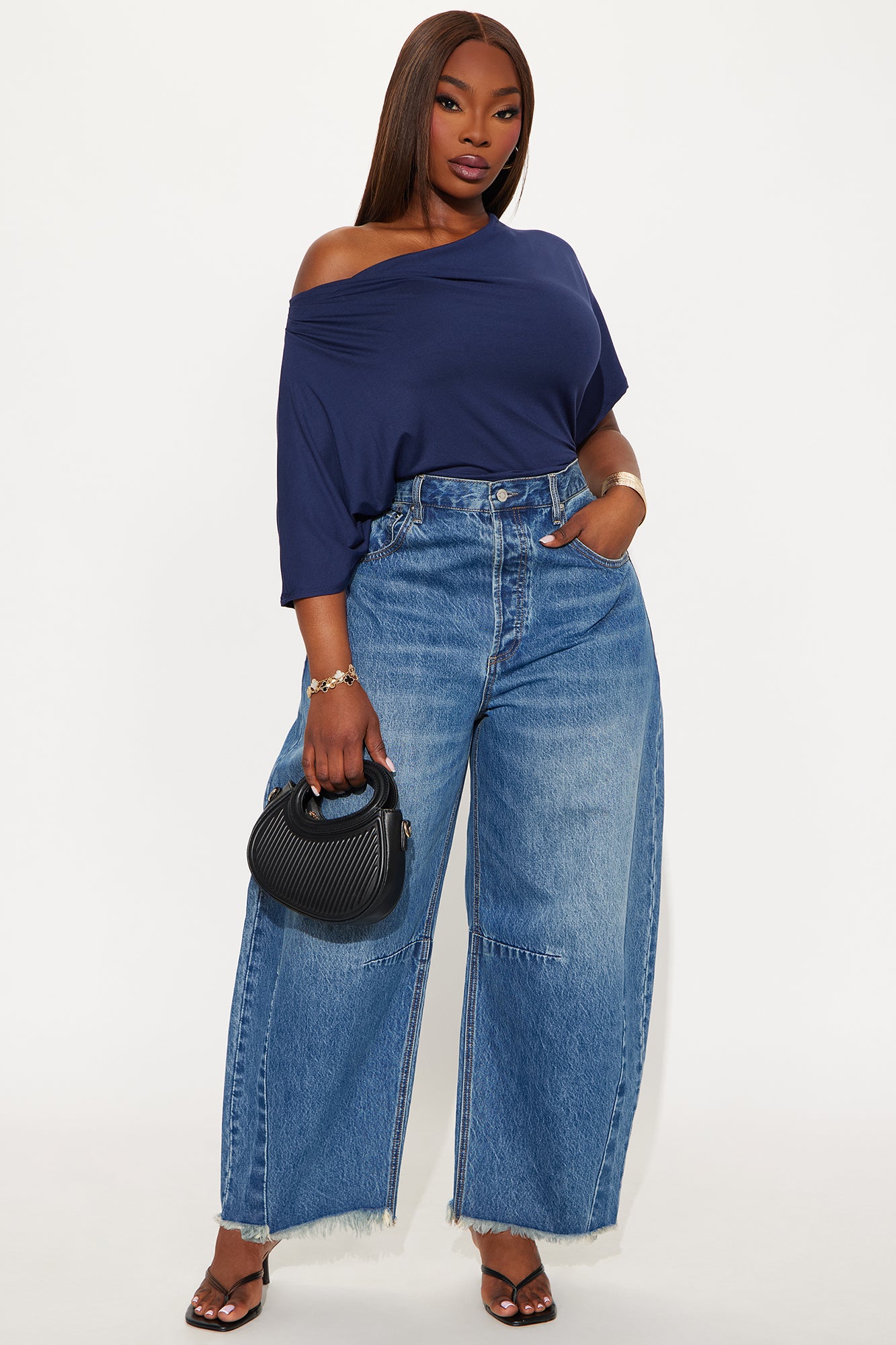 Flatter Me Off Shoulder Bodysuit - Navy