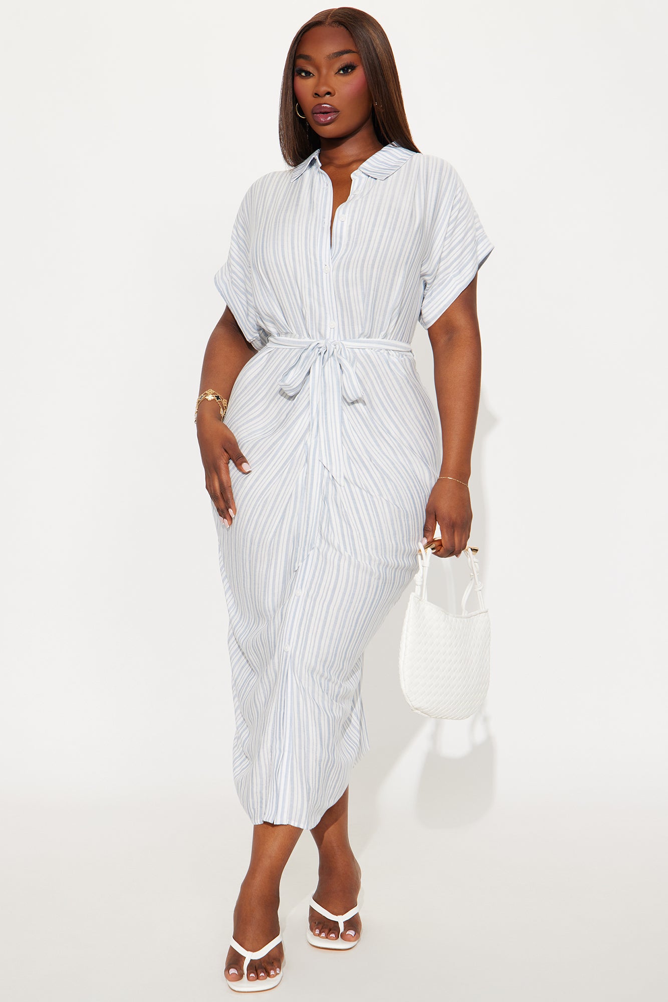Ruth Pinstripe Linen Midi Dress - Blue/combo