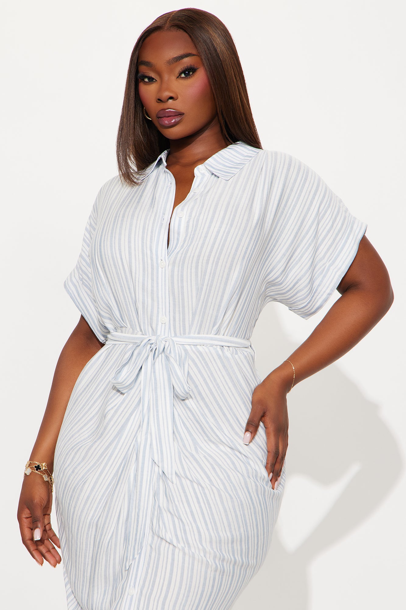 Ruth Pinstripe Linen Midi Dress - Blue/combo
