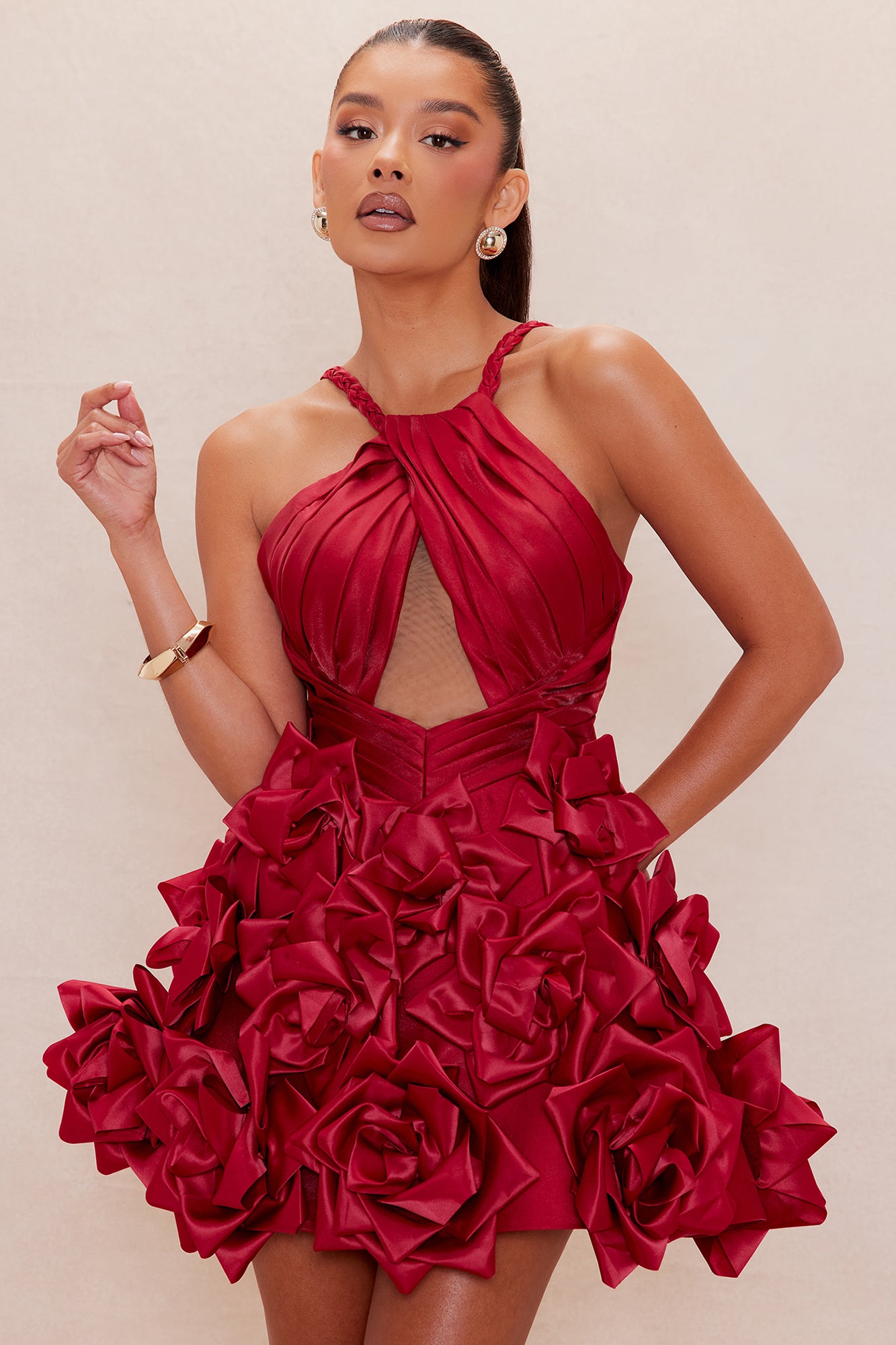 Jasmina Floral Satin Mini Dress - Red
