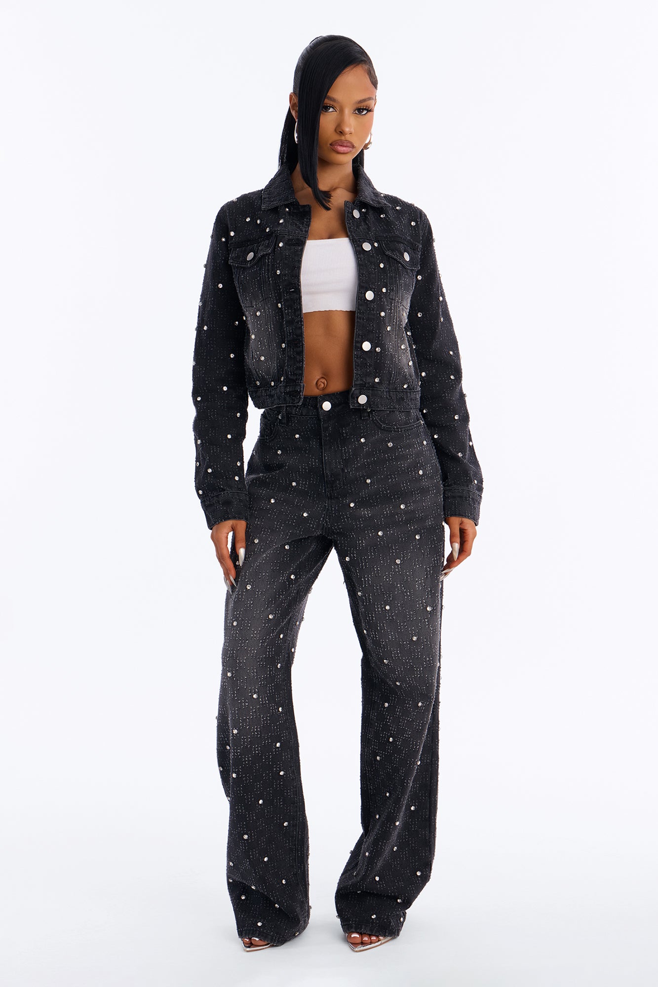 City Lights Embellished Wide Leg Jeans - Black Wash