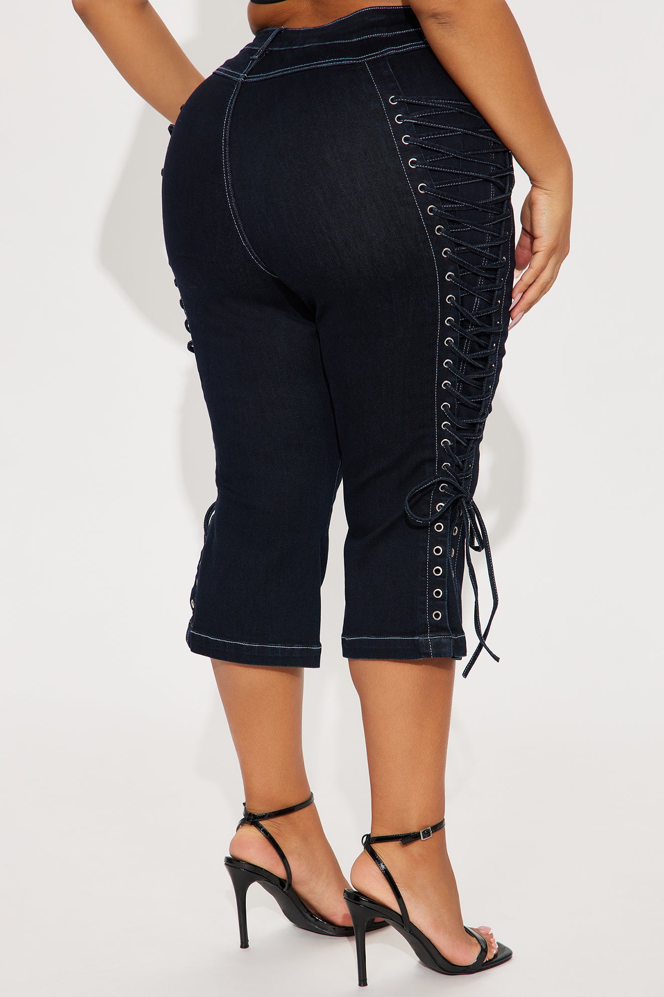 Laced Up Capri Kick Flare Jeans - Dark Wash