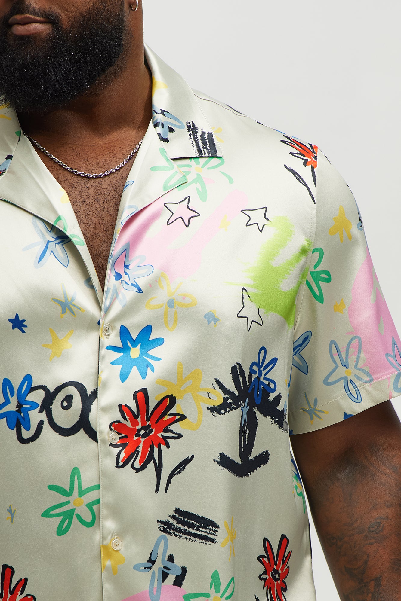 Graffiti Bloom Cuban Collar Button Up Shirt - Multi Color