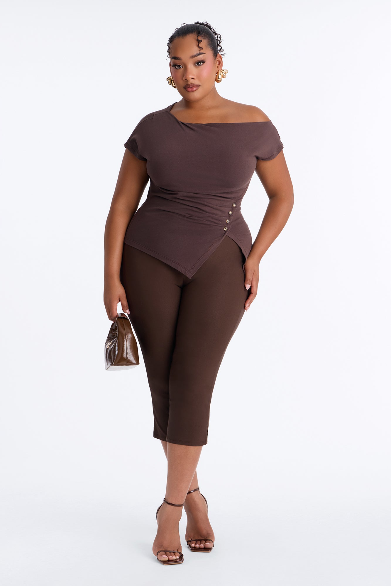Riley Ruched Off Shoulder Asymmetrical Top - Chocolate