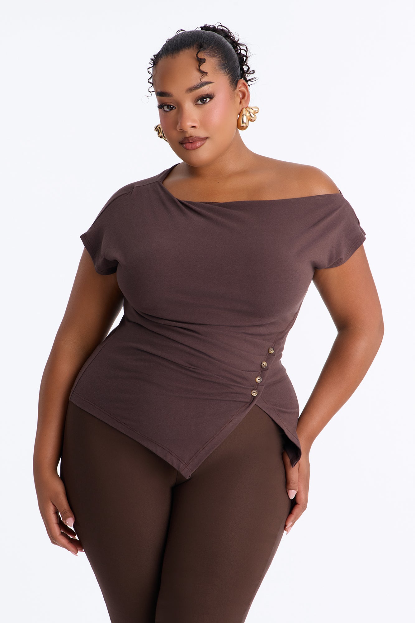 Riley Ruched Off Shoulder Asymmetrical Top - Chocolate