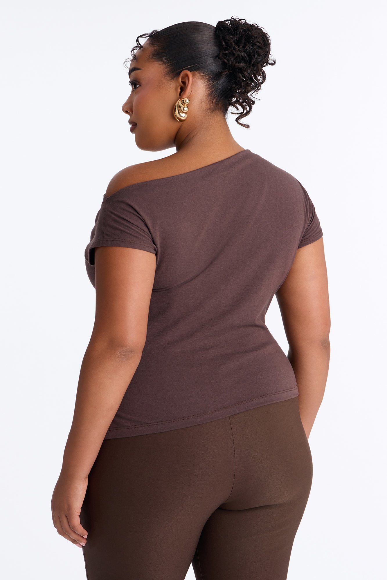 Riley Ruched Off Shoulder Asymmetrical Top - Chocolate