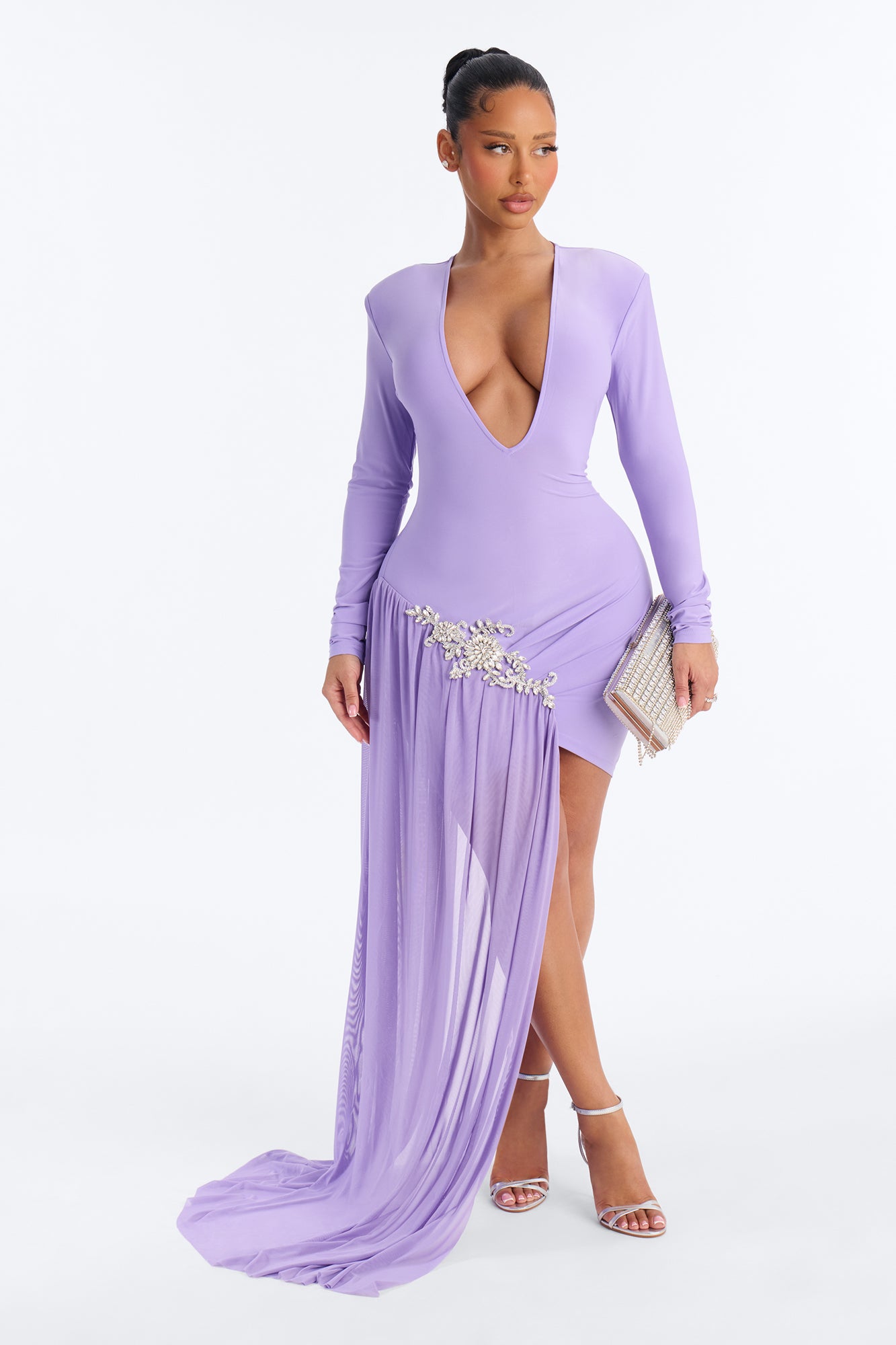 Leni Deep V-Neck Embellished Draped Mini Dress - Purple