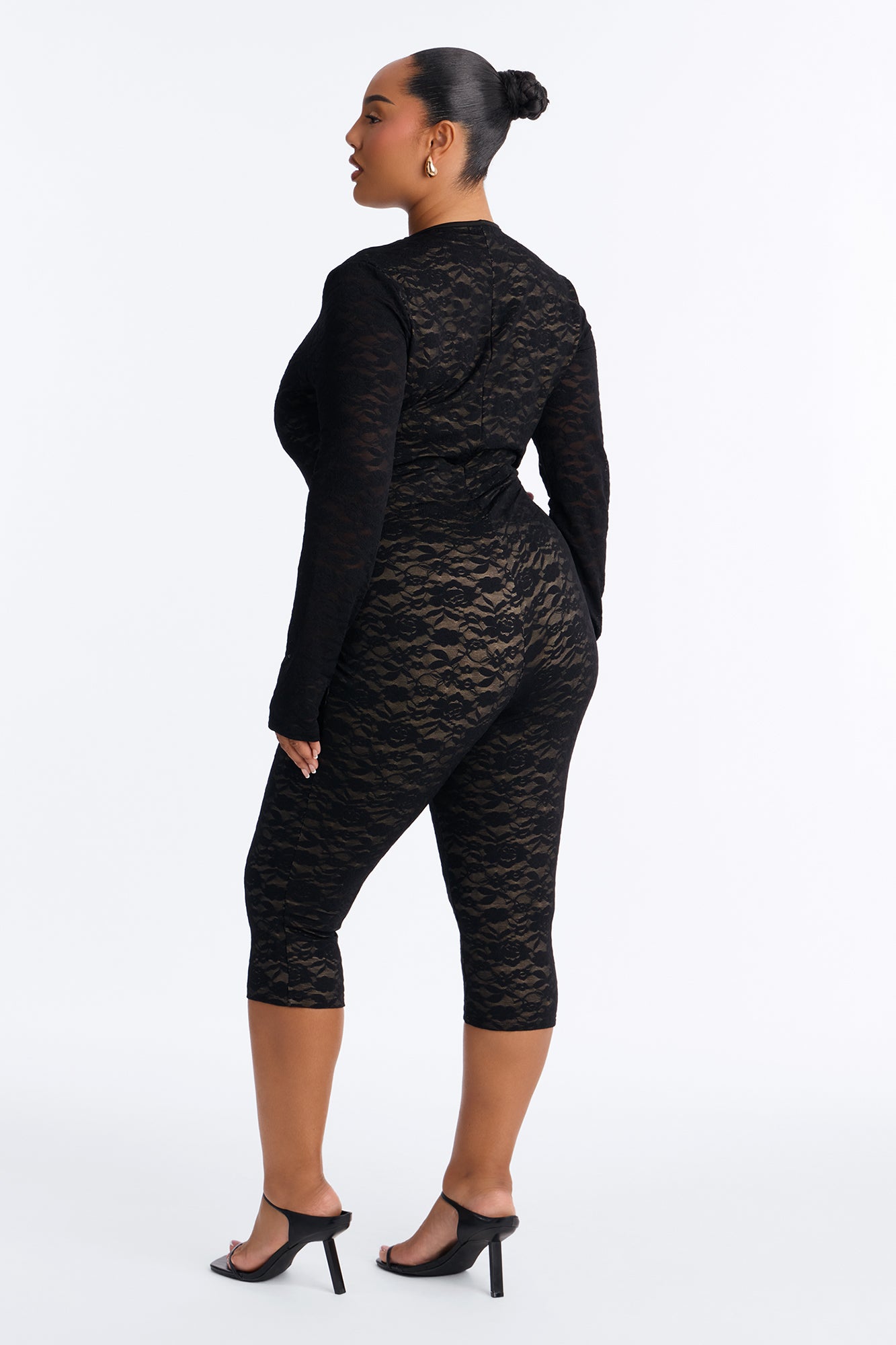 Midnight Strolls Long Sleeve Lace Capri Jumpsuit - Black