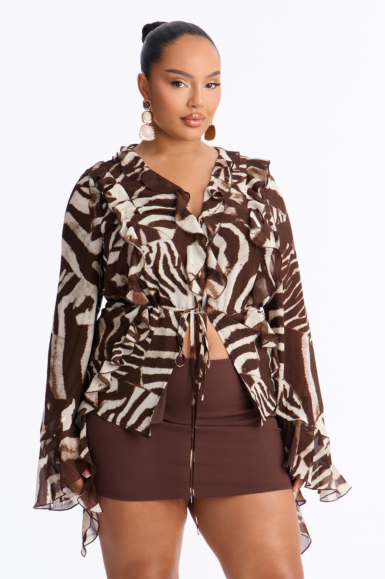 Amira Ruffle Chiffon Top - Brown/combo