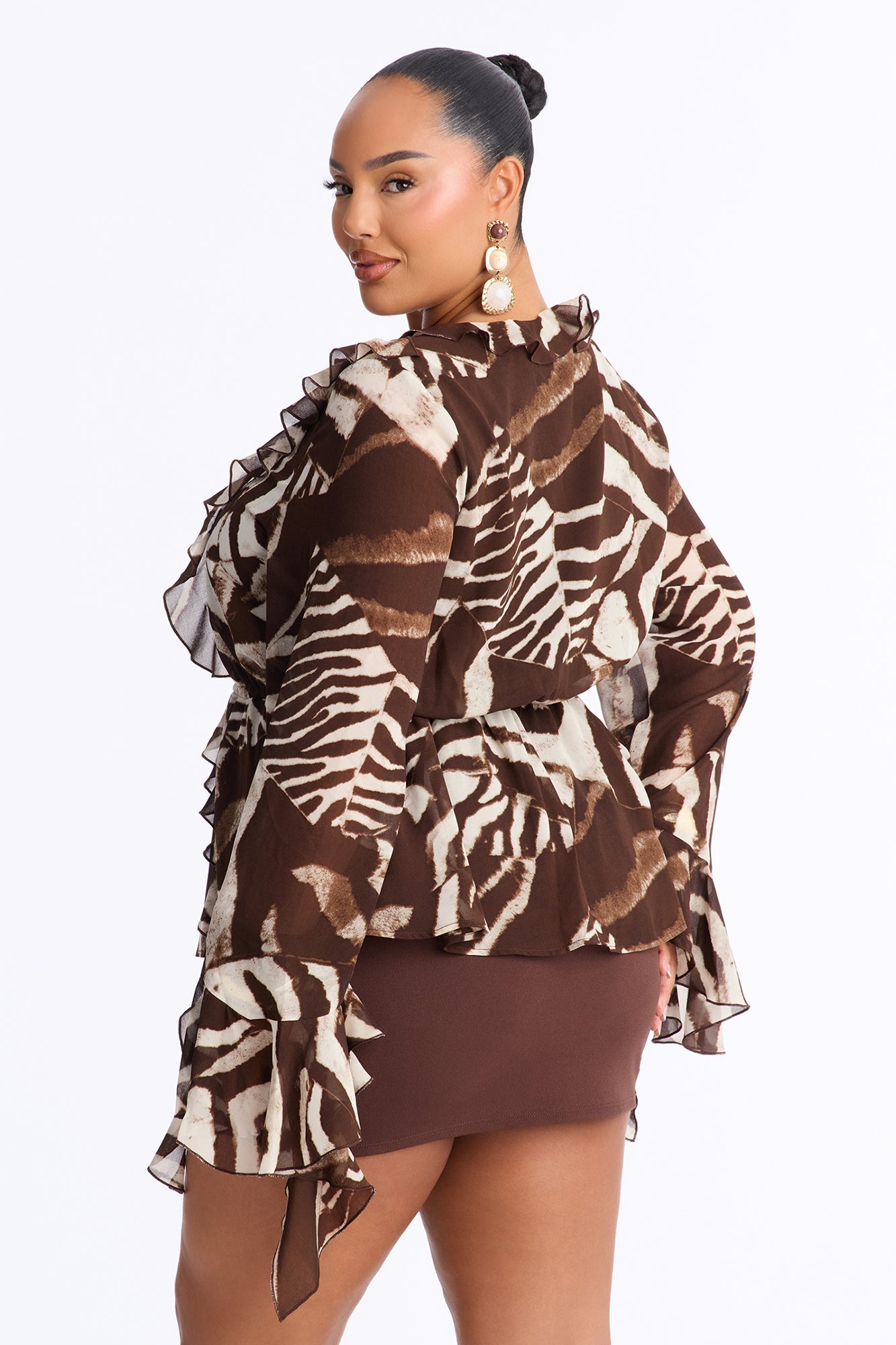 Amira Ruffle Chiffon Top - Brown/combo