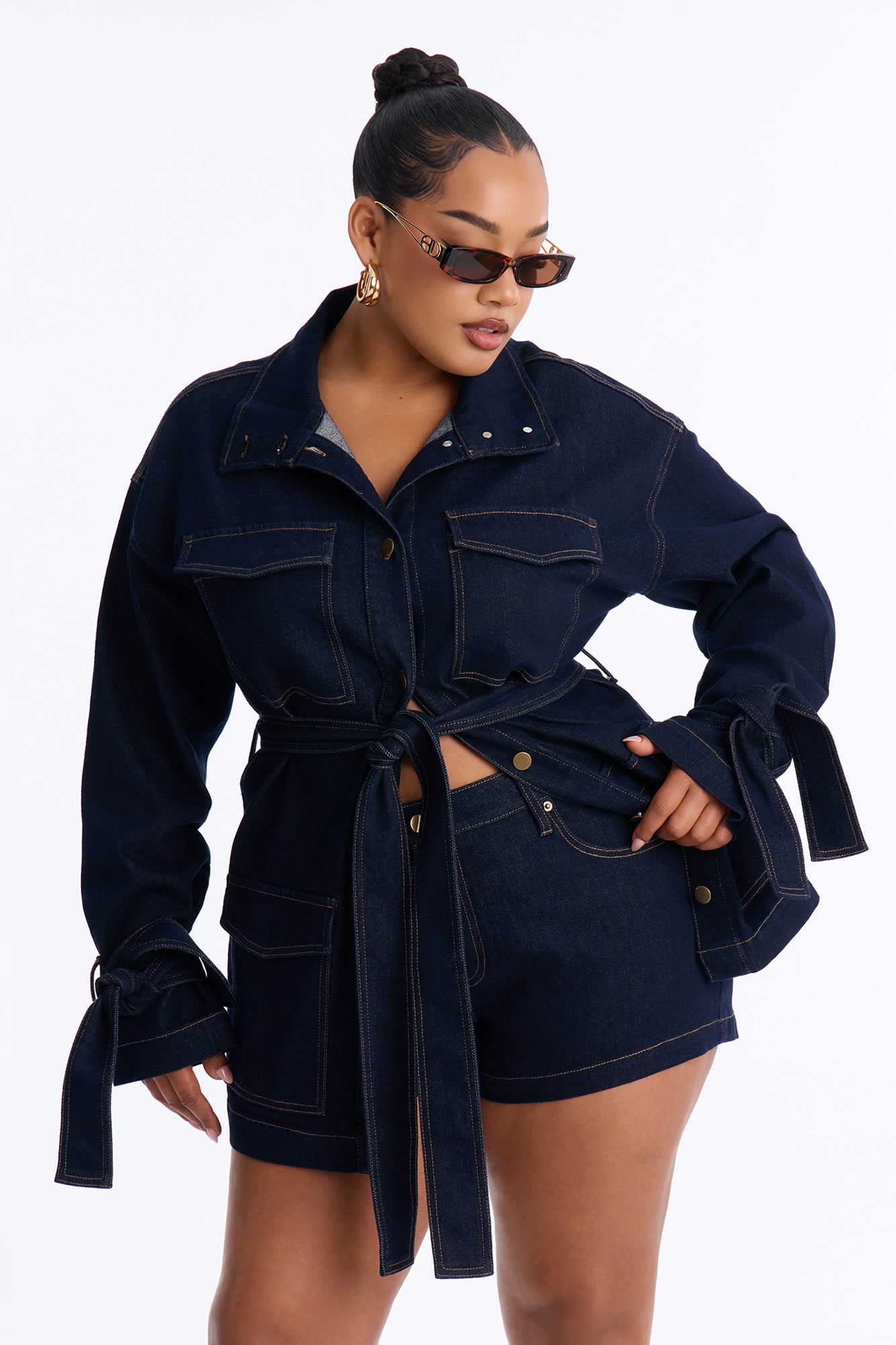 Miranda Belted Denim Short Set - Dark Denim