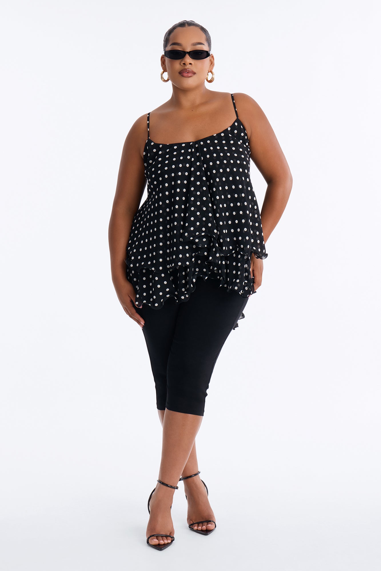 Nadia Ruffle Polka Dot Cami Top - Black/combo