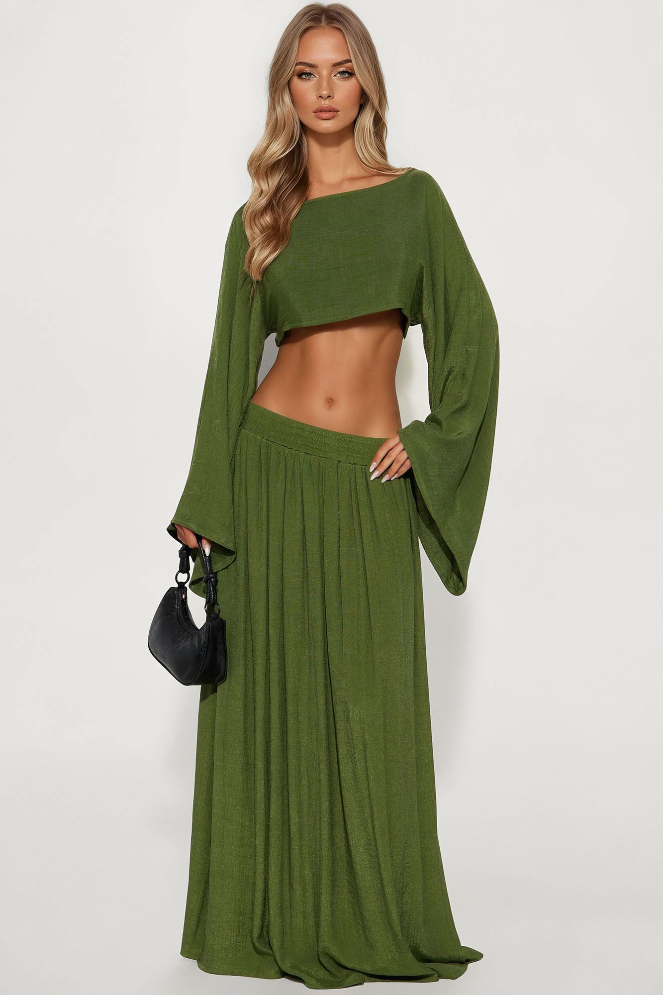 Miranda Maxi High Slit Maxi Skirt Set - Olive