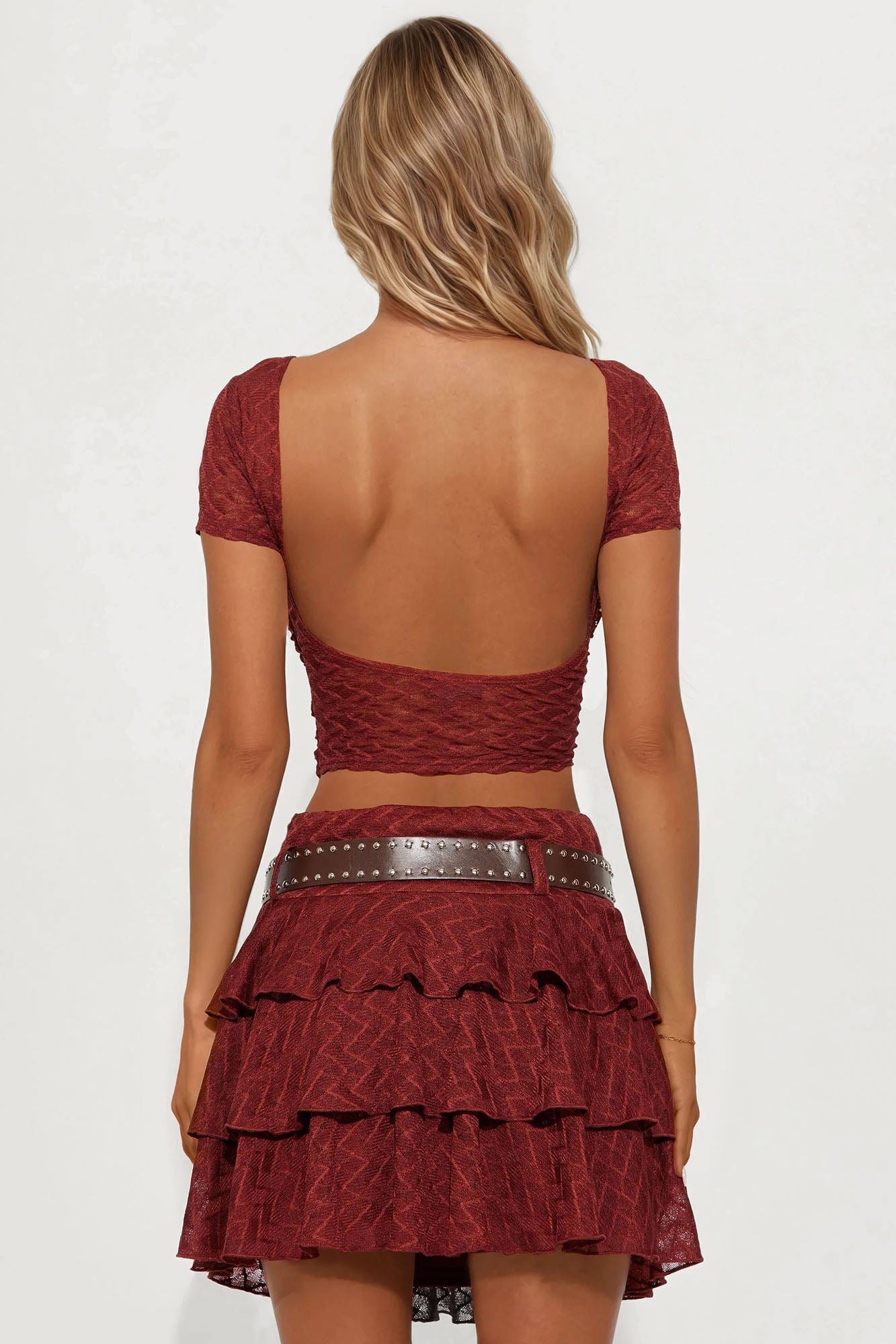 Night Out Belted Lace Mini Skirt Set - Rust
