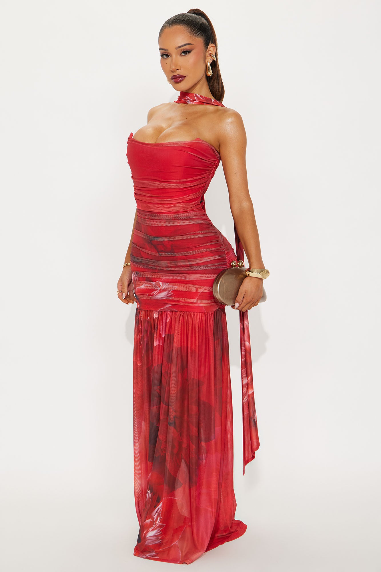 Mariana Floral Mesh Maxi Dress - Red/combo