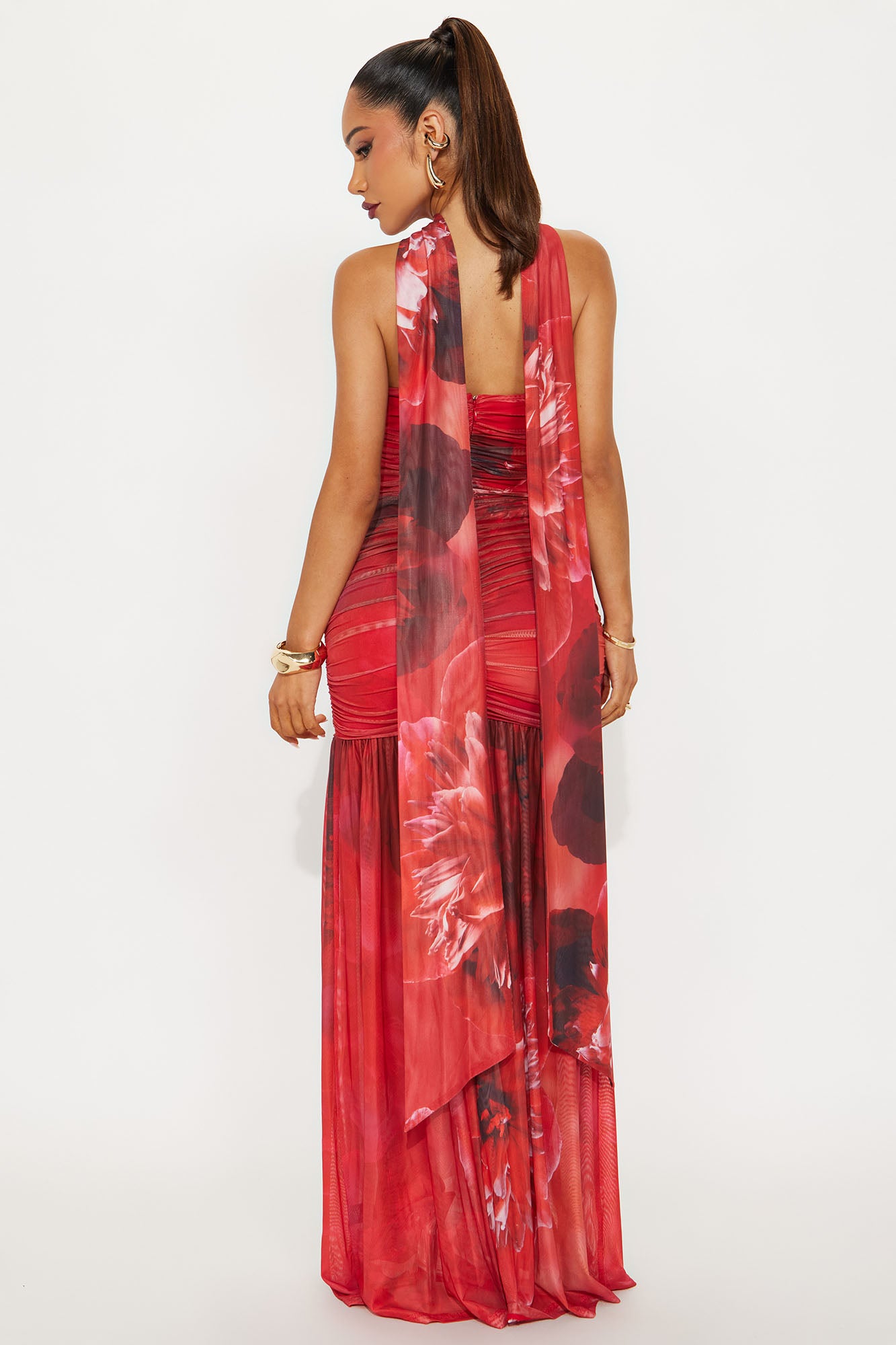 Mariana Floral Mesh Maxi Dress - Red/combo