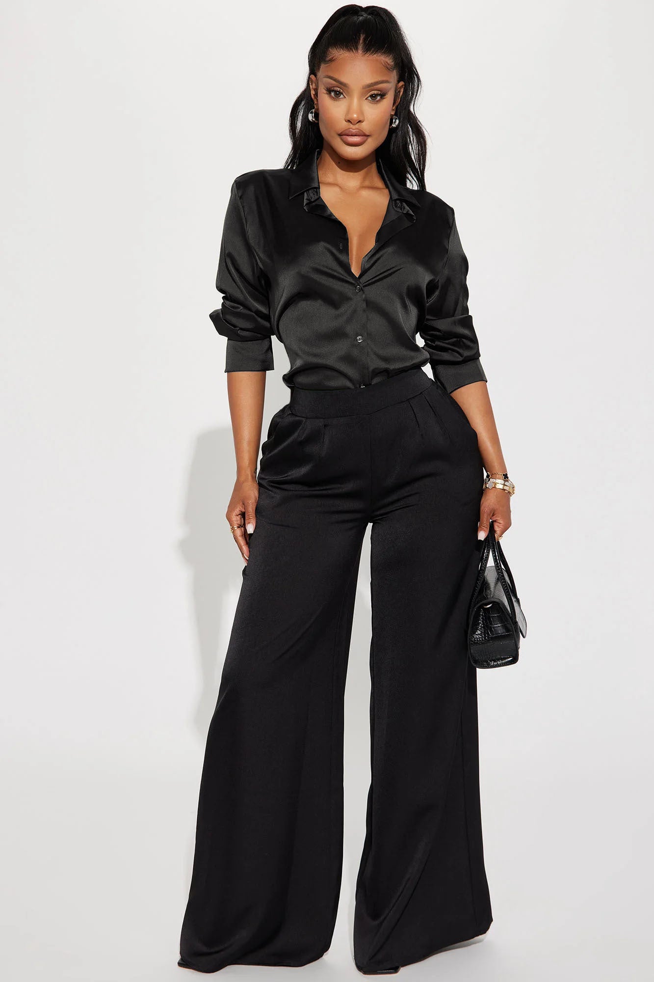 Feelin' Popular Satin Shirt - Black