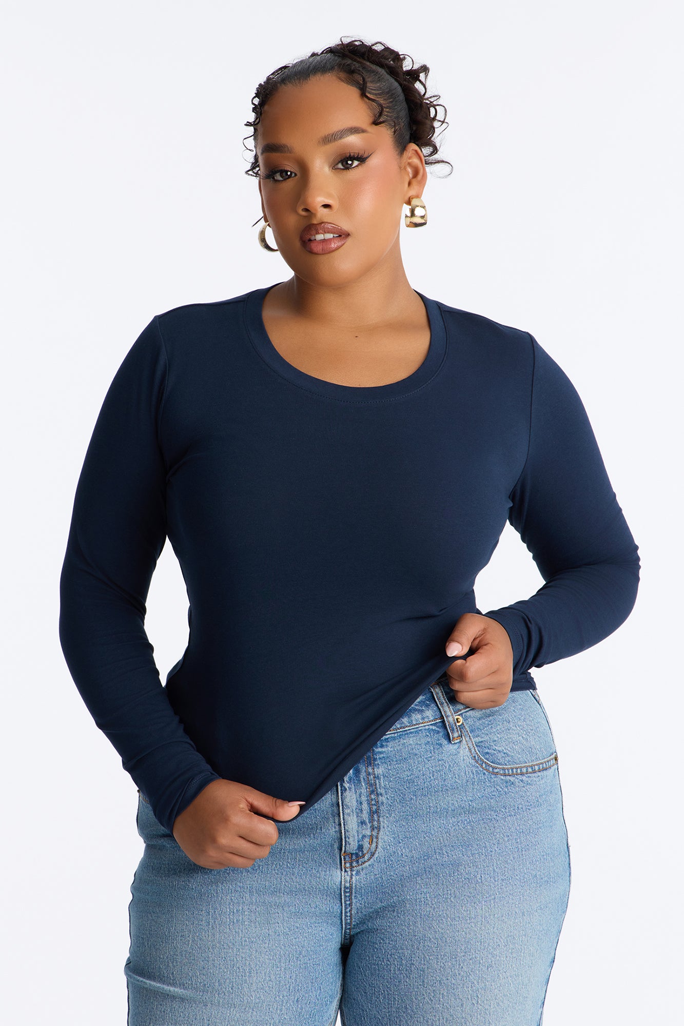 Elise Round Neck Long Sleeve Top - Navy