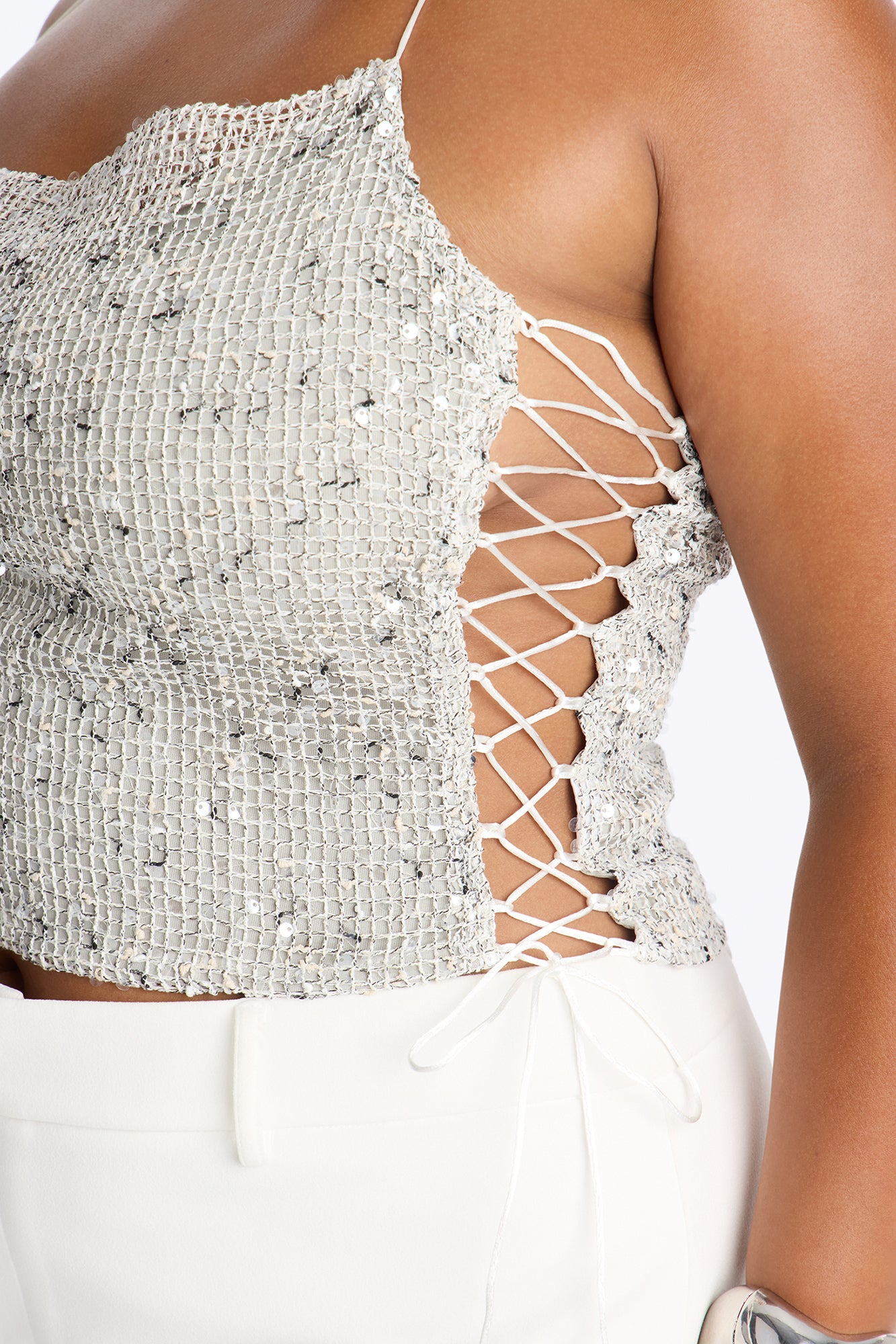 All The Glitters Lace Up Sequin Halter Top - Silver