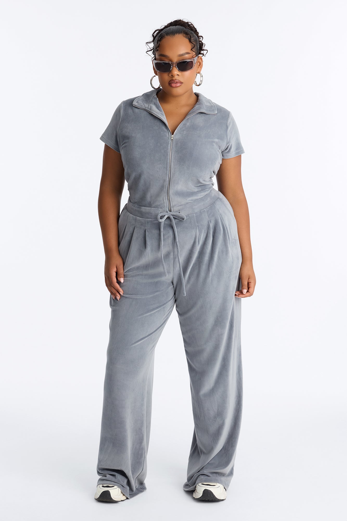 Mel Velour Zip Front Jumpsuit - Charcoal