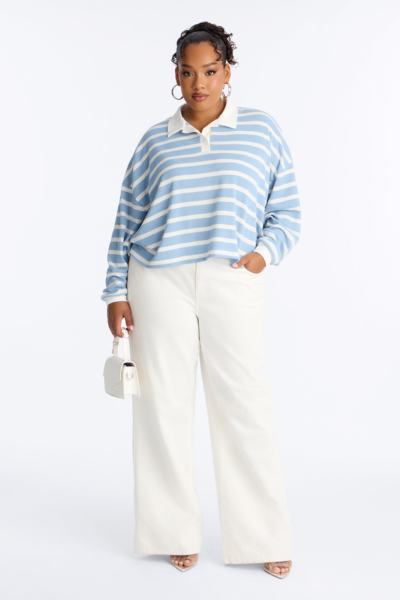 Makayla Stripe Ribbed Long Sleeve Polo - Blue/combo
