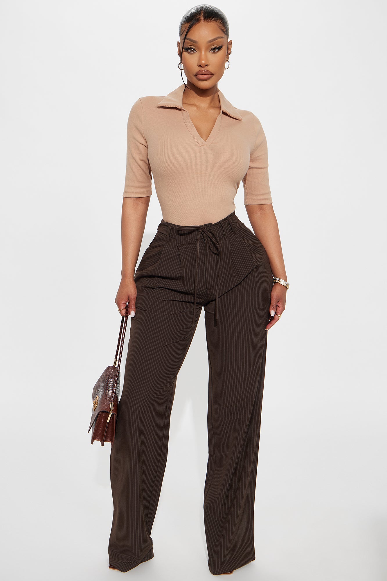 Kelly Pinstripe Wide Leg Trouser Pant - Chocolate