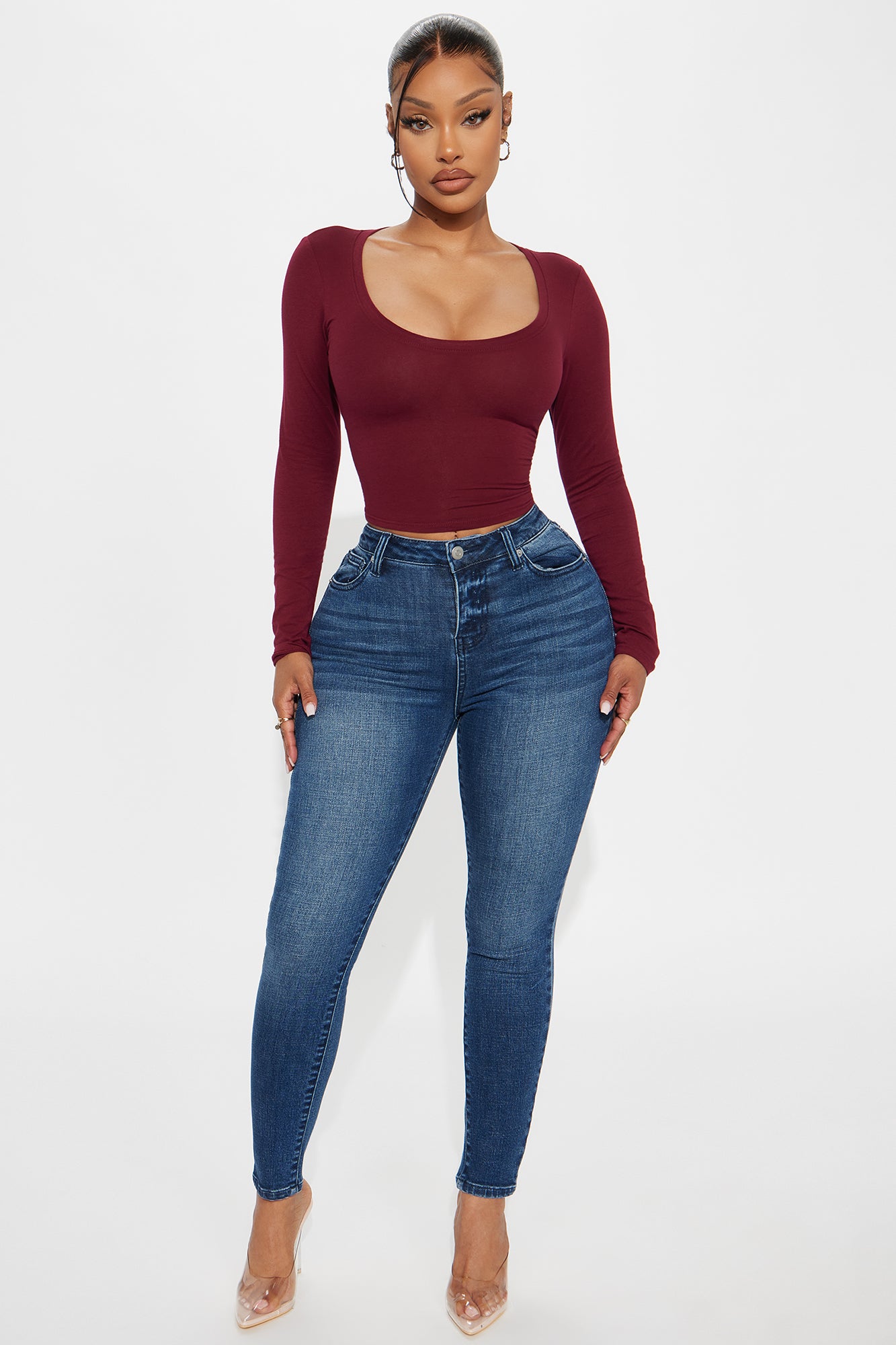 Diana Long Sleeve Scoop Neck Baby Tee - Burgundy
