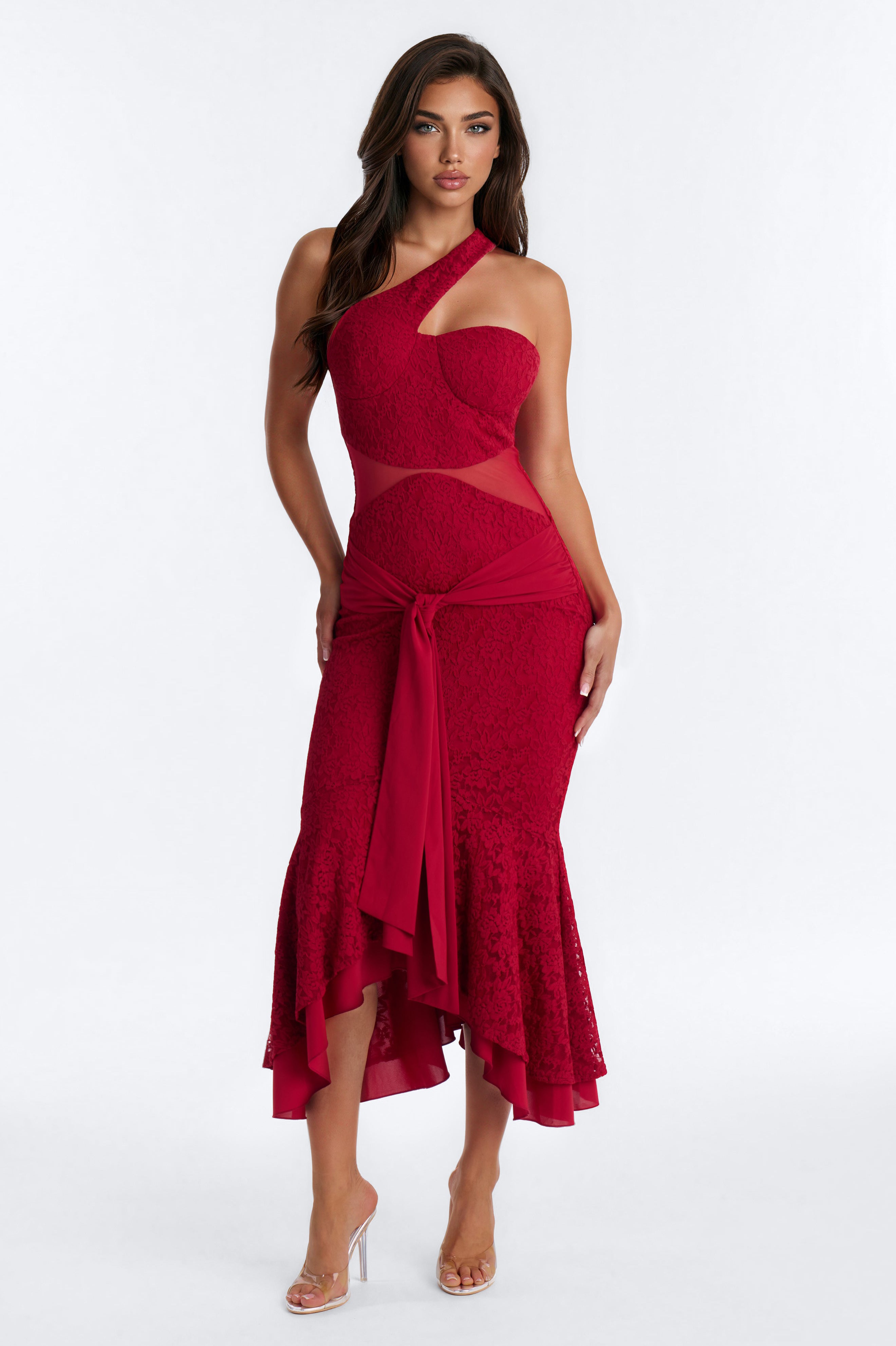 Kayleigh Mermaid Lace Midi Dress - Red
