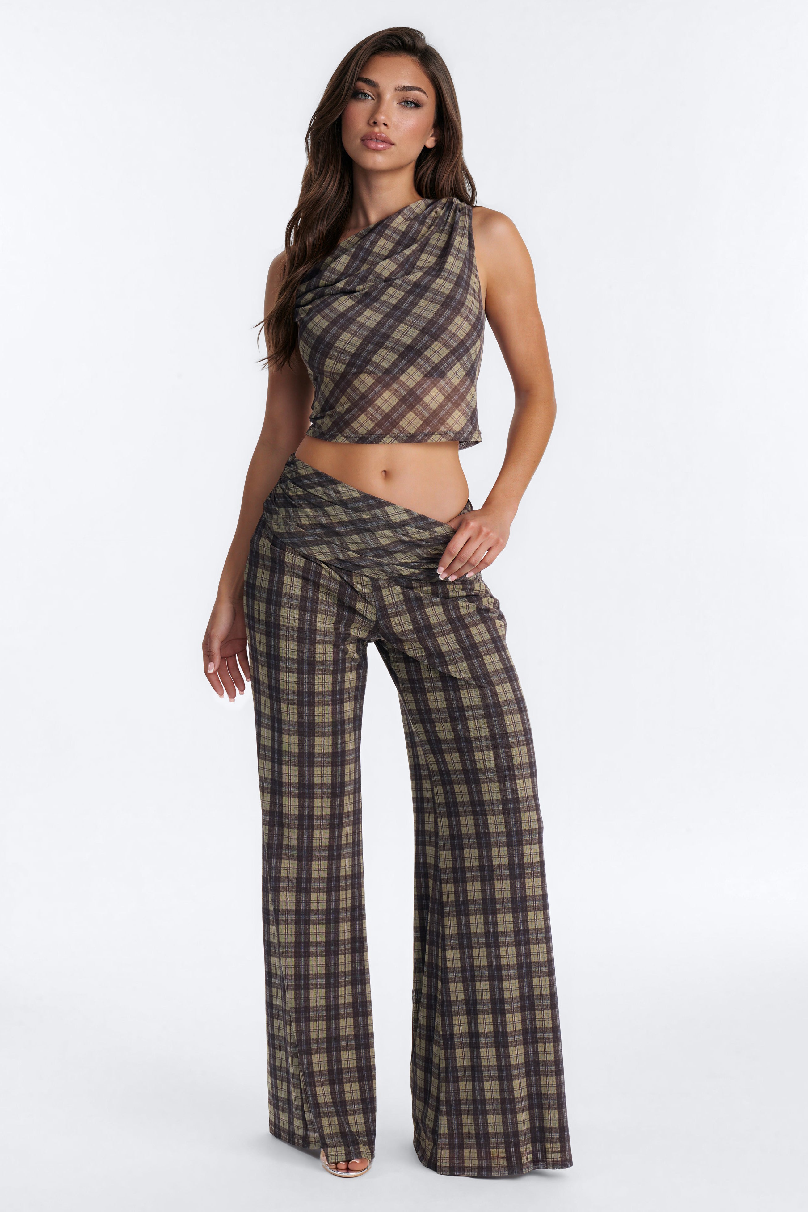 Sadie Mesh Plaid Pant Set - Green/combo
