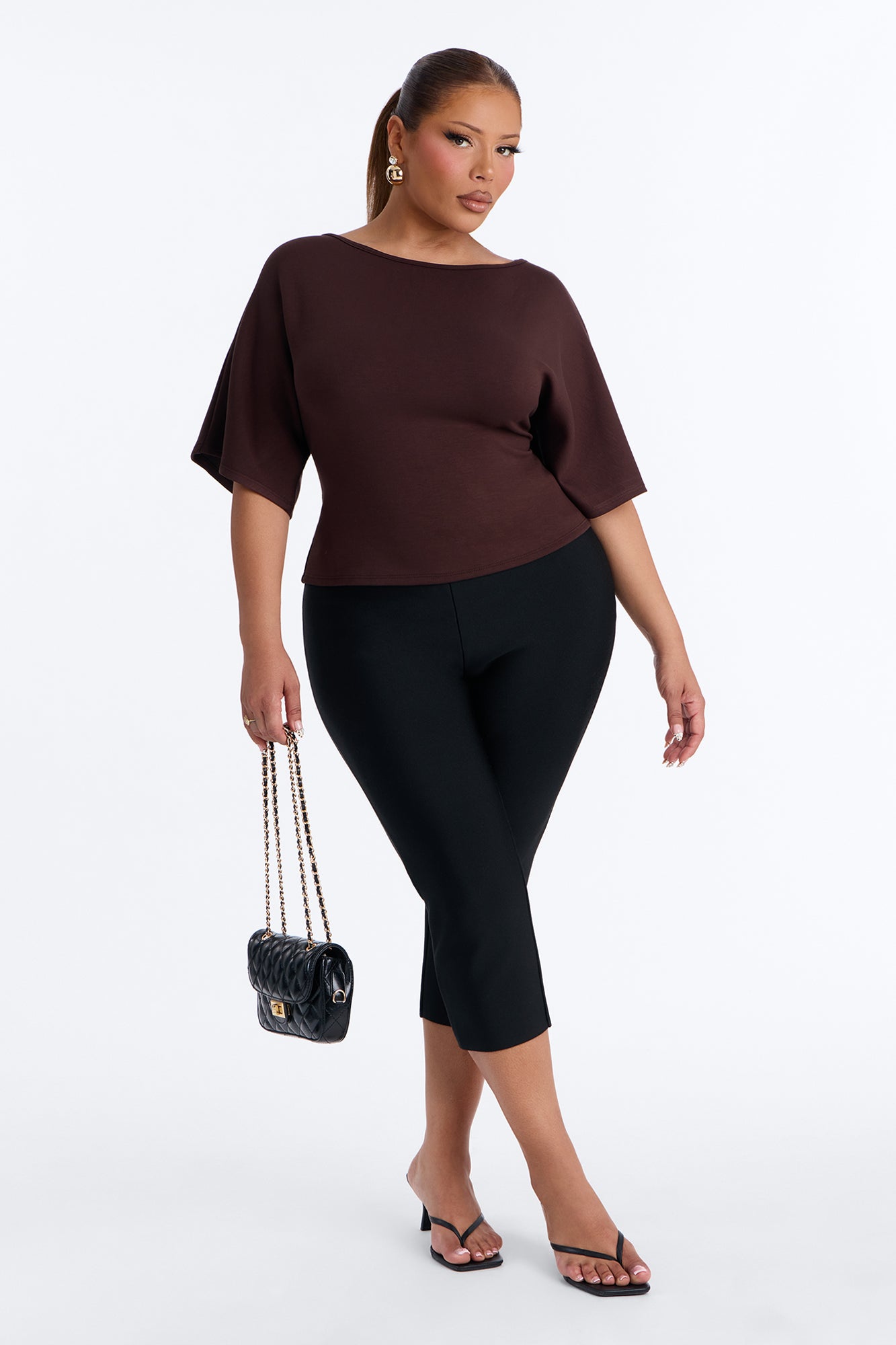 Cici Cinched Waist Short Sleeve Top - Brown