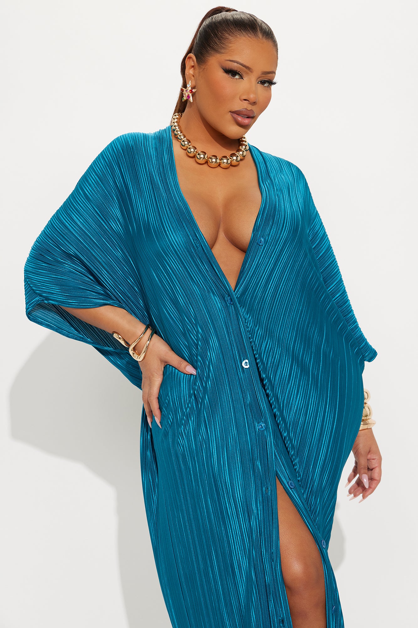 Isa Plisse Maxi Shirt Dress - Teal