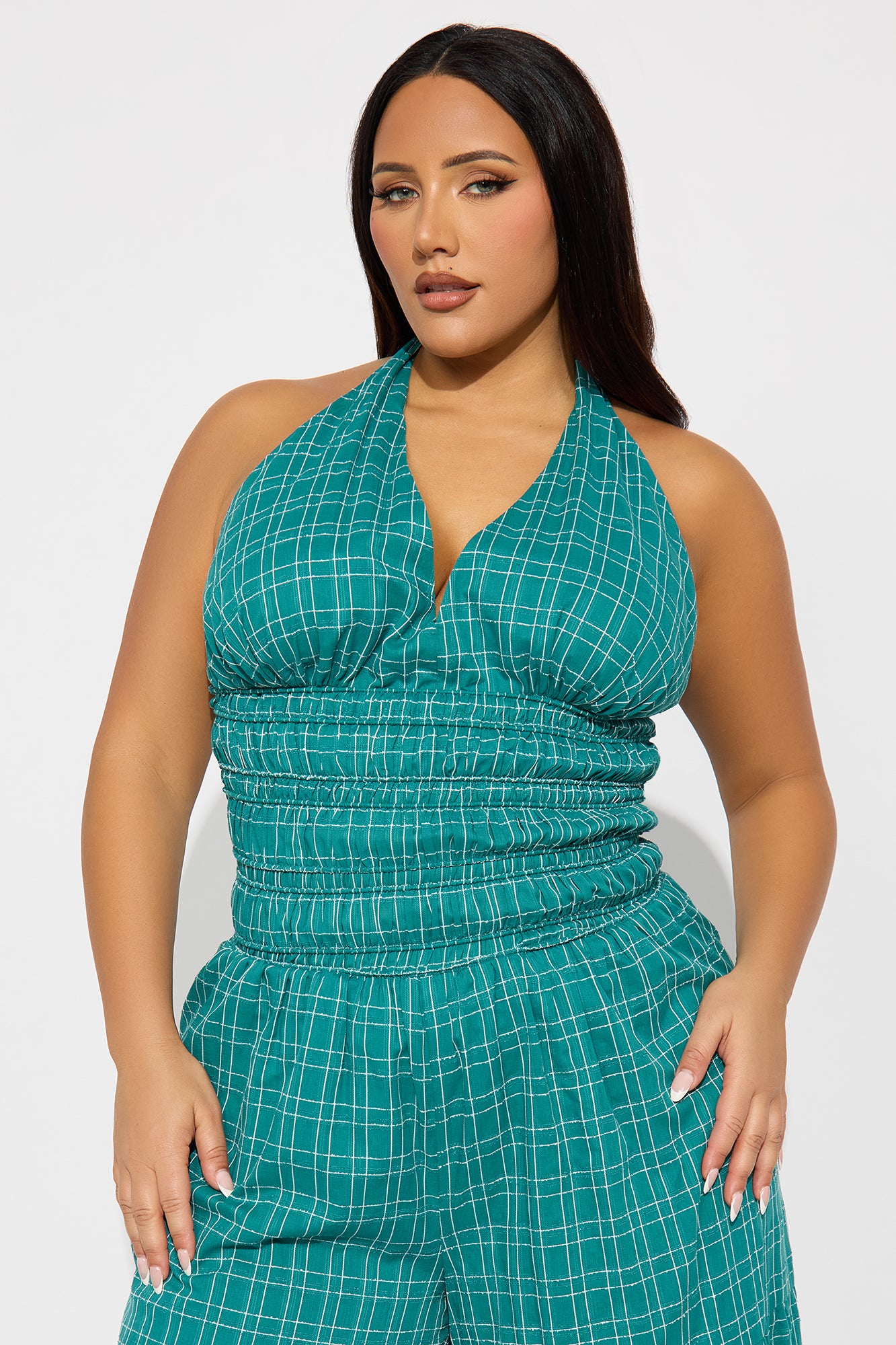 Maribel Plaid Halter Jumpsuit - Green/combo