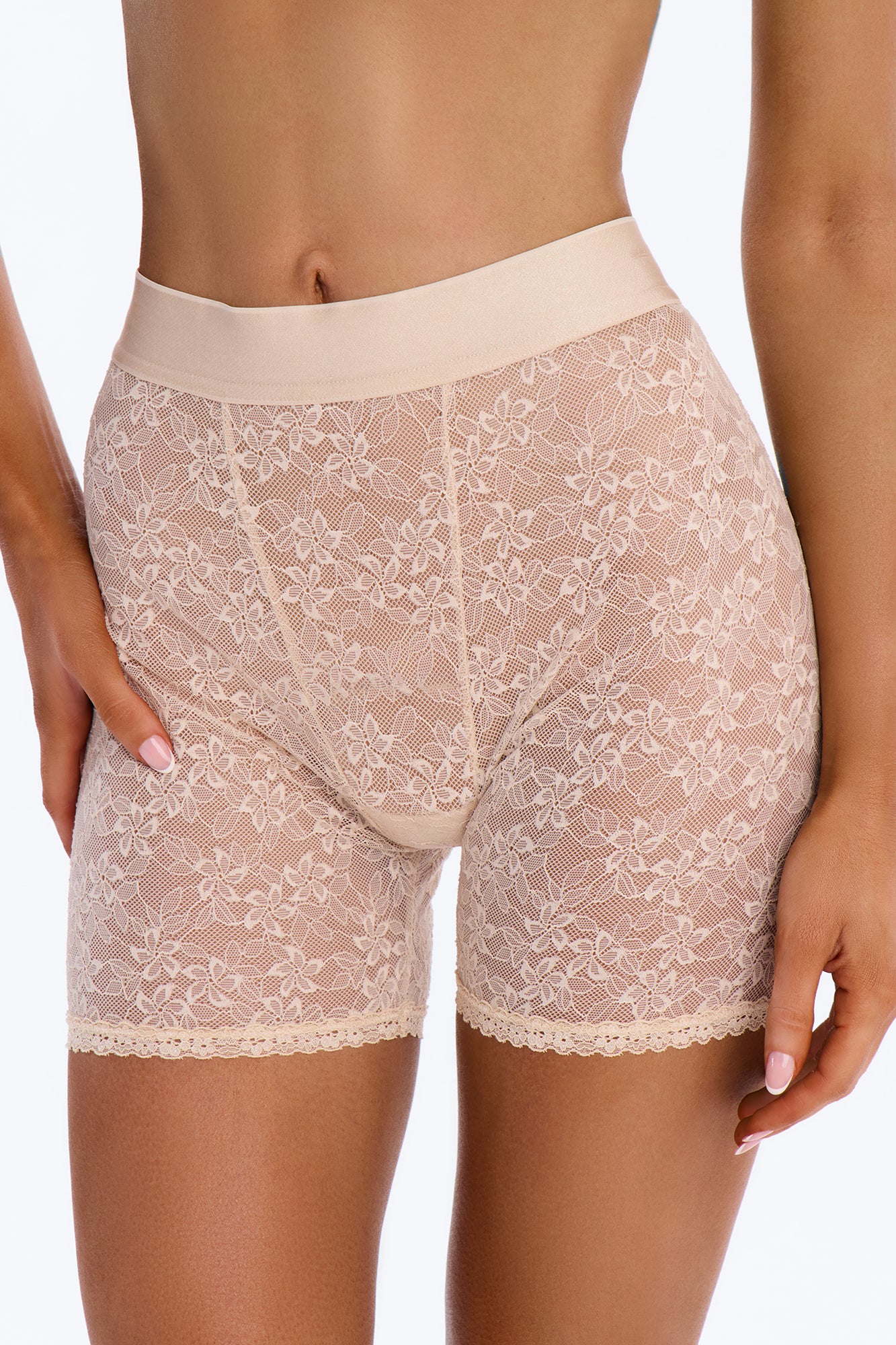Tender Stretch Lace 4 Inch Inseam Cheeky Boxer Panty - Sand