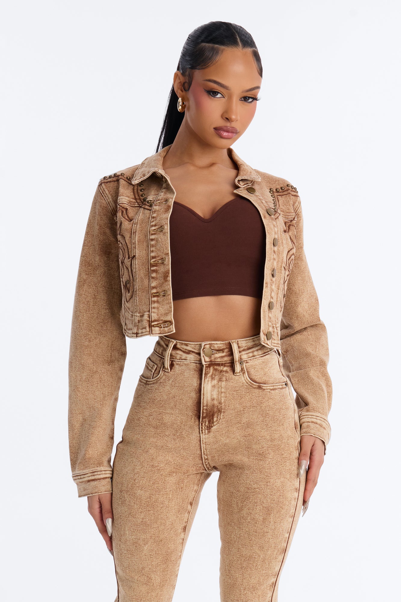 Letting It Ride Embellished Stretch Denim Jacket - Brown