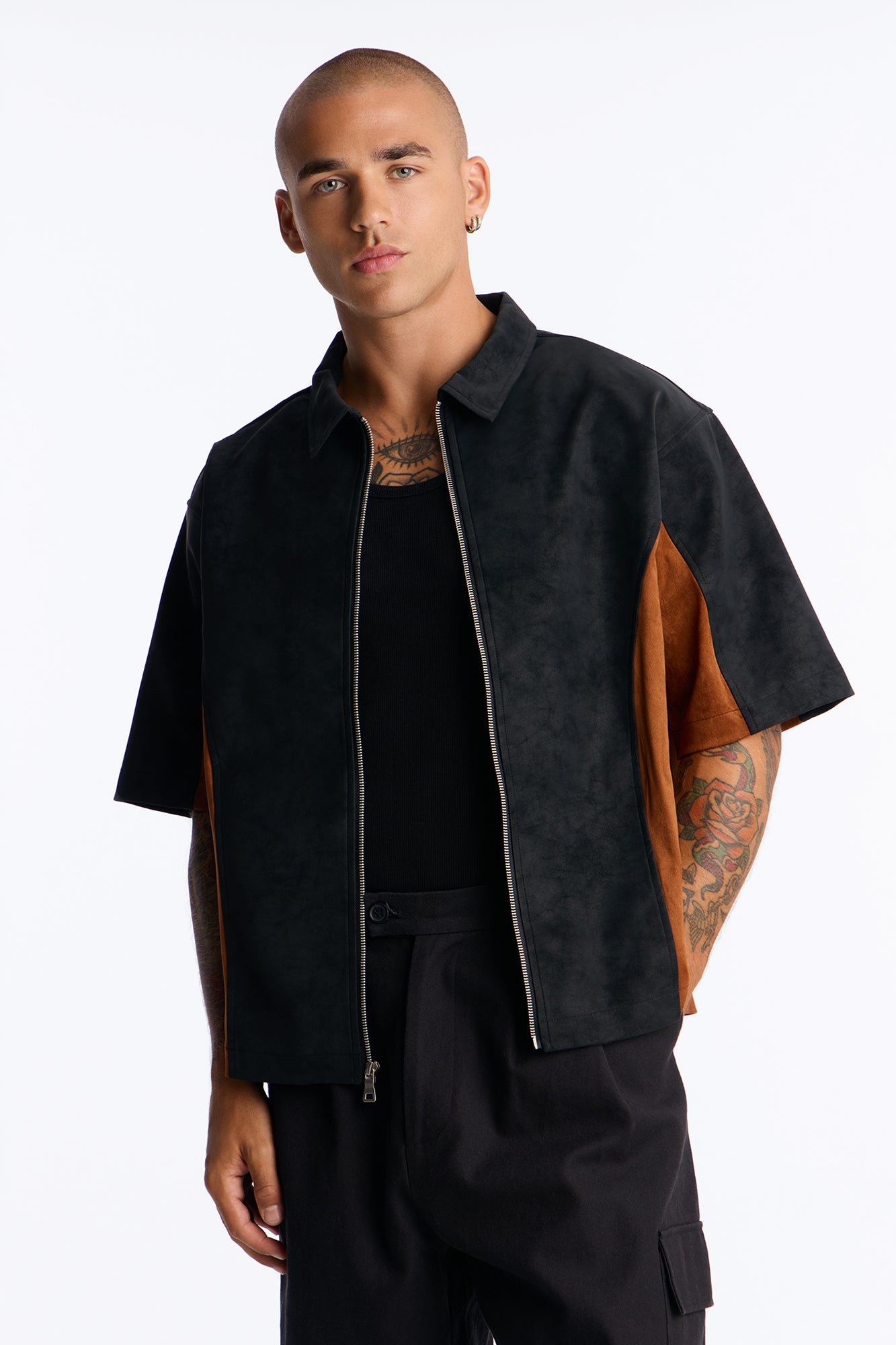 Boxy Faux Leather Paneled Zip Up Shirt - Brown/combo