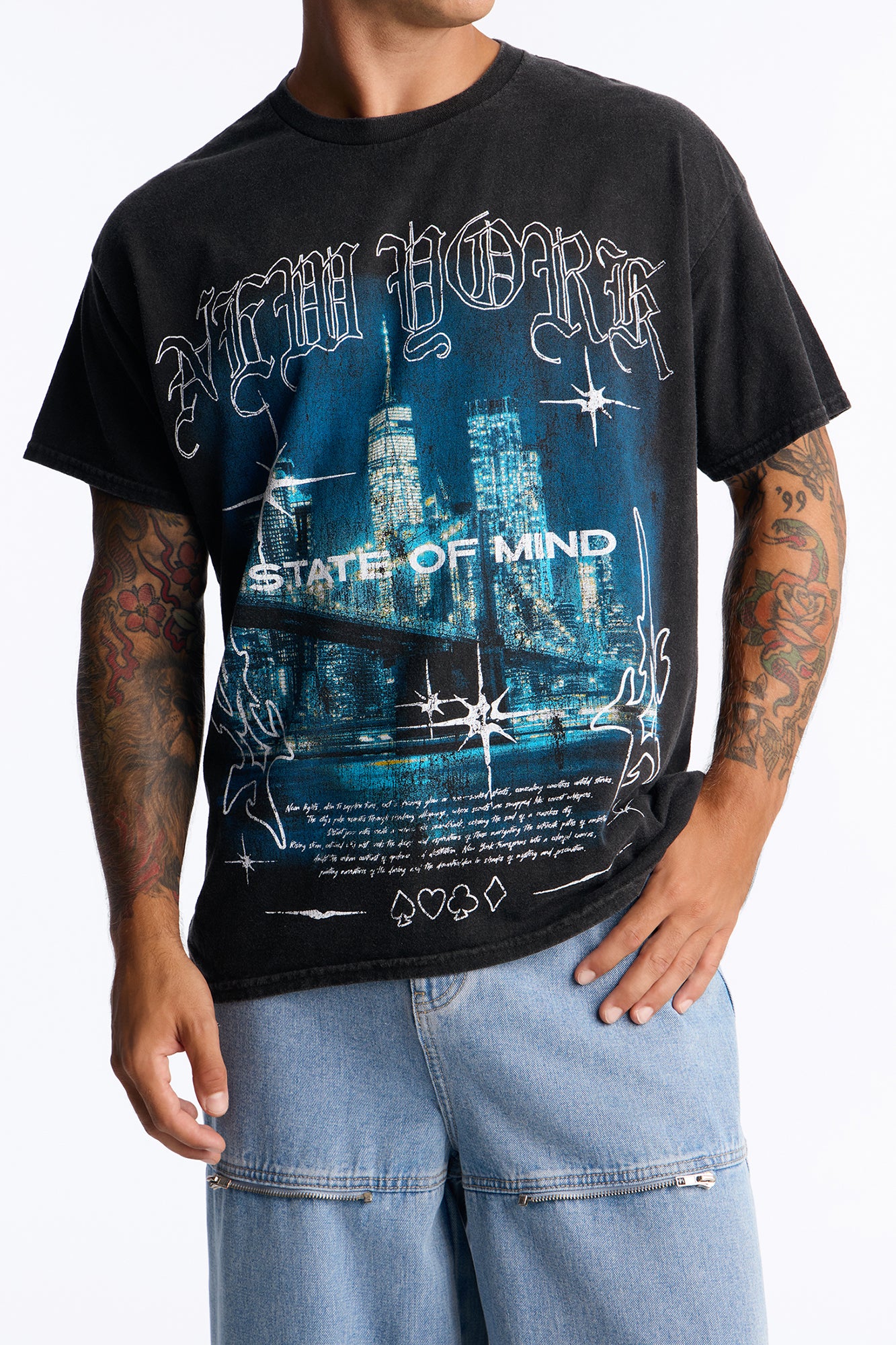 New York City State Of Mind Vintage Wash Oversized Short Sleeve Tee - Black