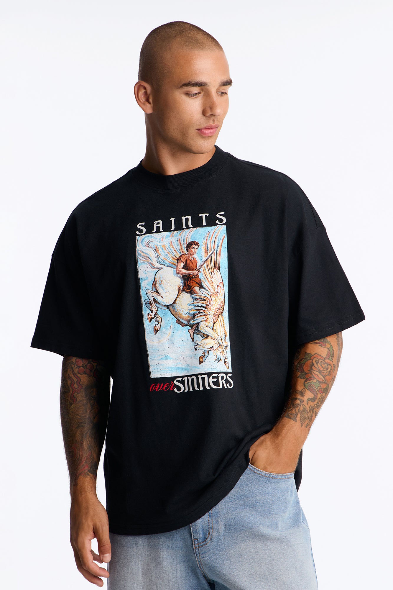 Saints Fly Over Sinners Oversized Short Sleeve Tee - Black