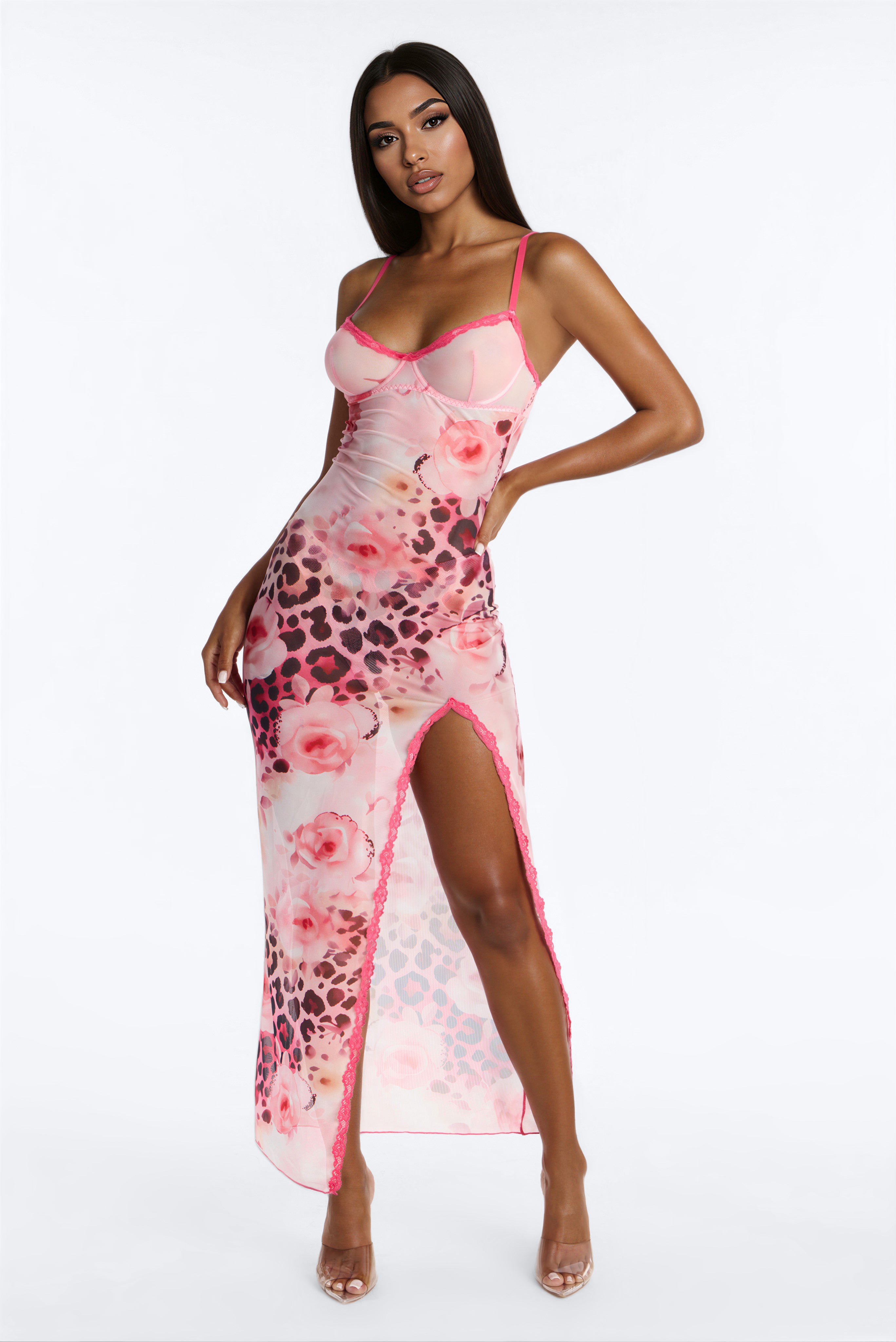 Petal Couture Floral Leopard Mesh Maxi Chemise & Thong - Pink/combo