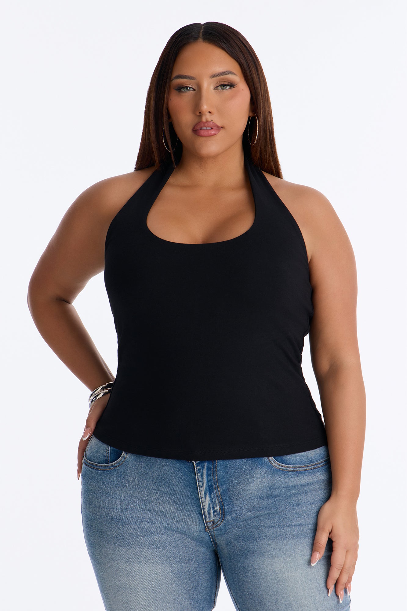 Always Classic Double Cotton Scoop Neck Halter Top - Black