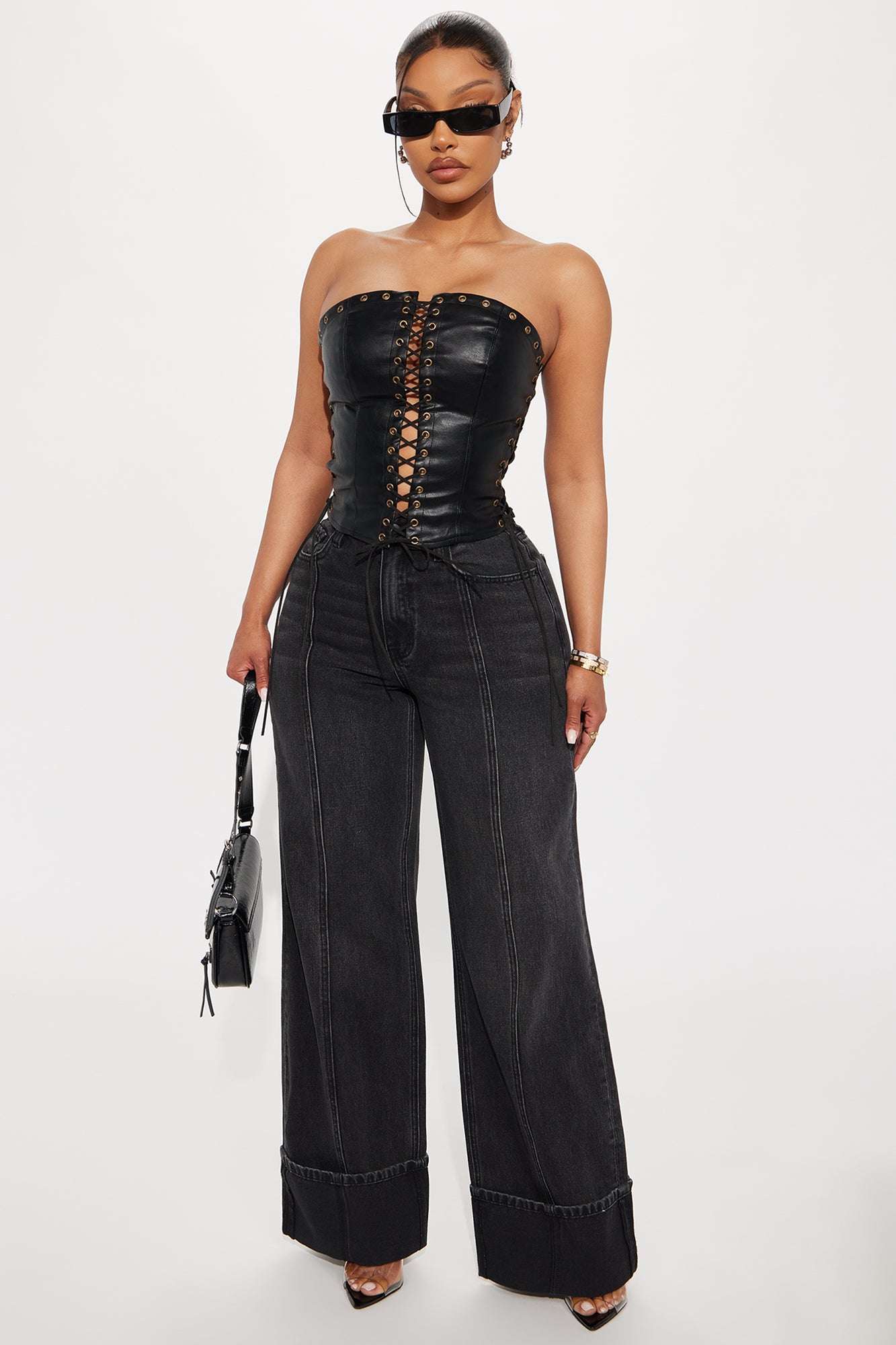 A Piece Of Work Faux Leather Lace Up Top - Black